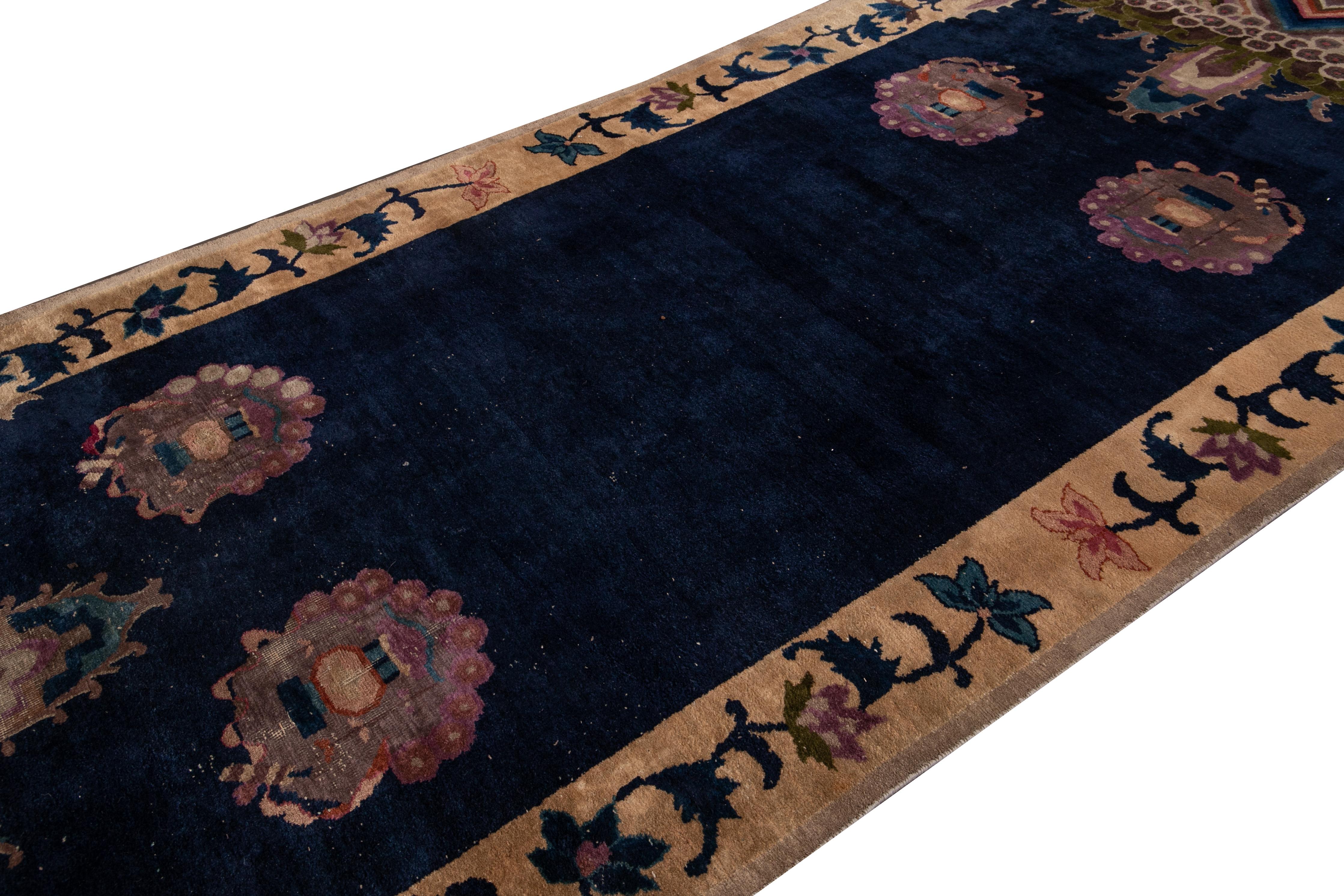 Blue Antique Art Deco Chinese Handmade Wool Rug For Sale 2