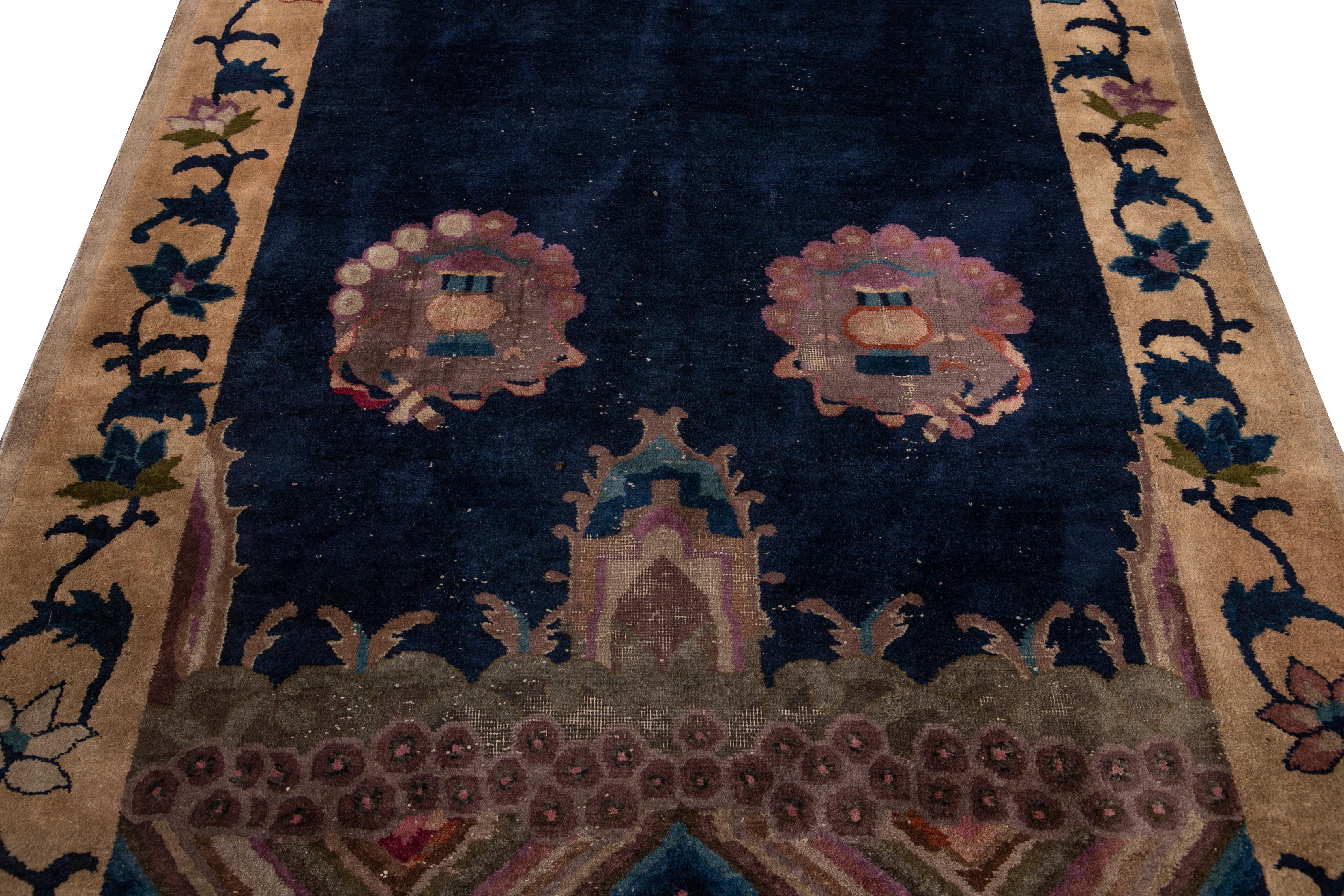 Blue Antique Art Deco Chinese Handmade Wool Rug For Sale 3