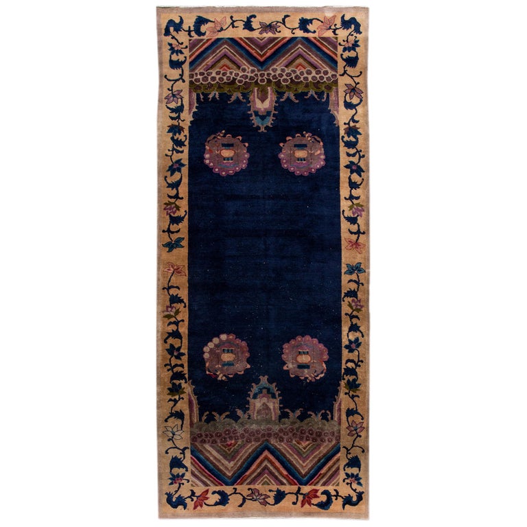 Blue Antique Art Deco Chinese Handmade Wool Rug For Sale at 1stDibs