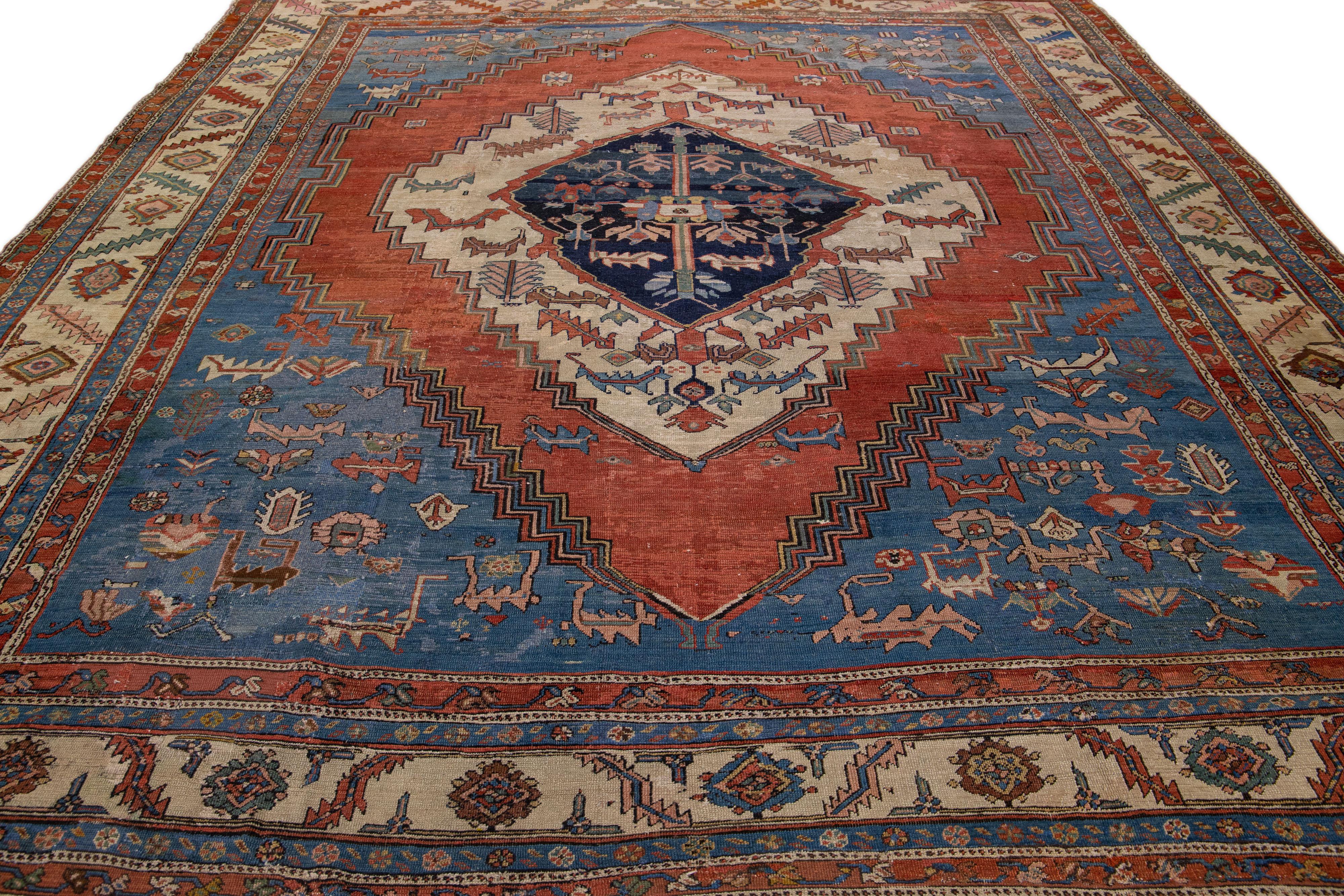 Hand-Knotted Blue Antique Bakshaish Persian Handmade Wool Rug with Medallion Motif For Sale