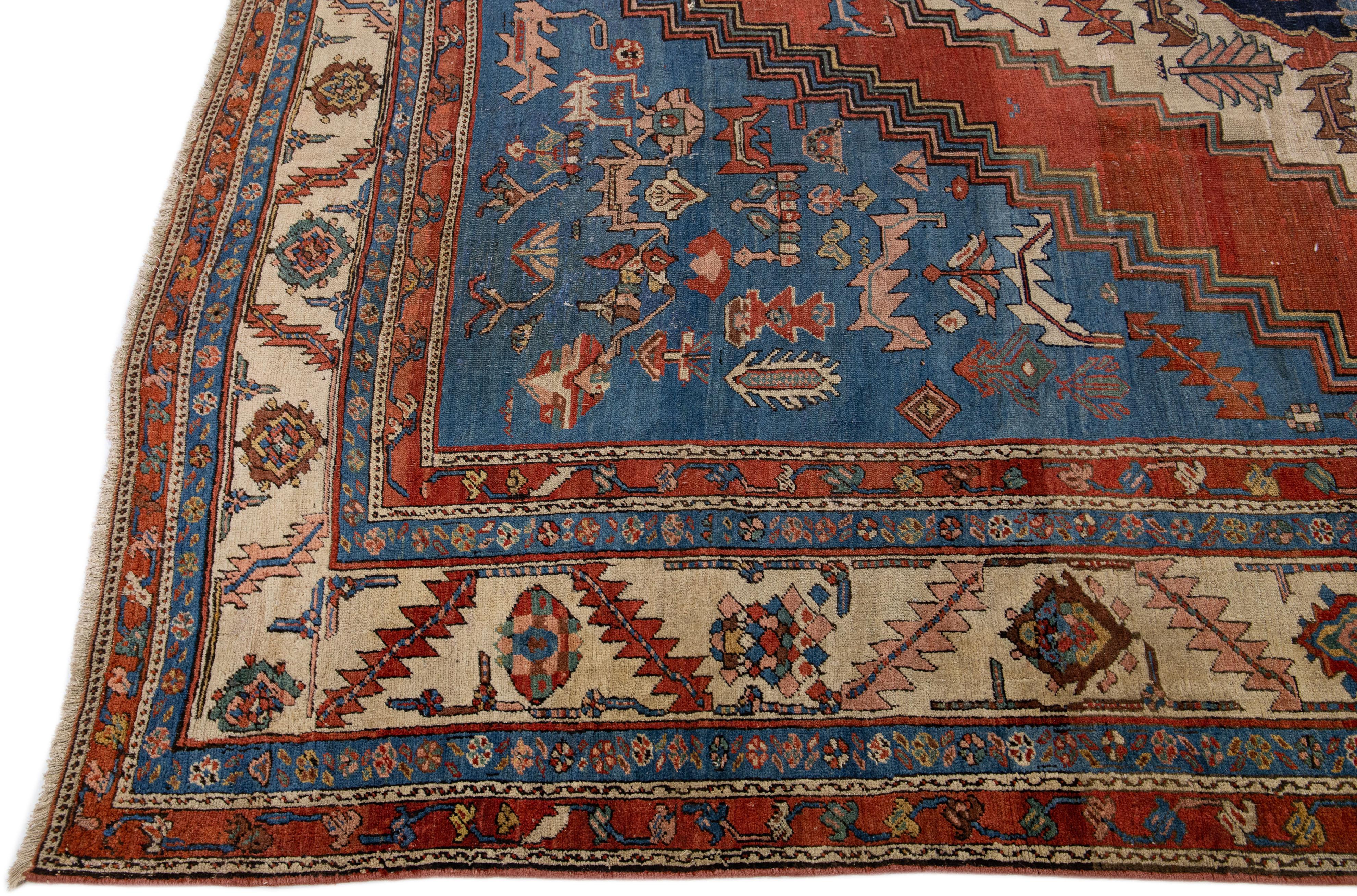 Blue Antique Bakshaish Persian Handmade Wool Rug with Medallion Motif In Distressed Condition For Sale In Norwalk, CT