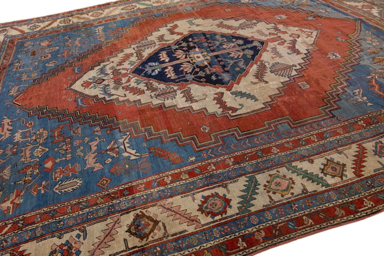 Late 19th Century Blue Antique Bakshaish Persian Handmade Wool Rug with Medallion Motif For Sale