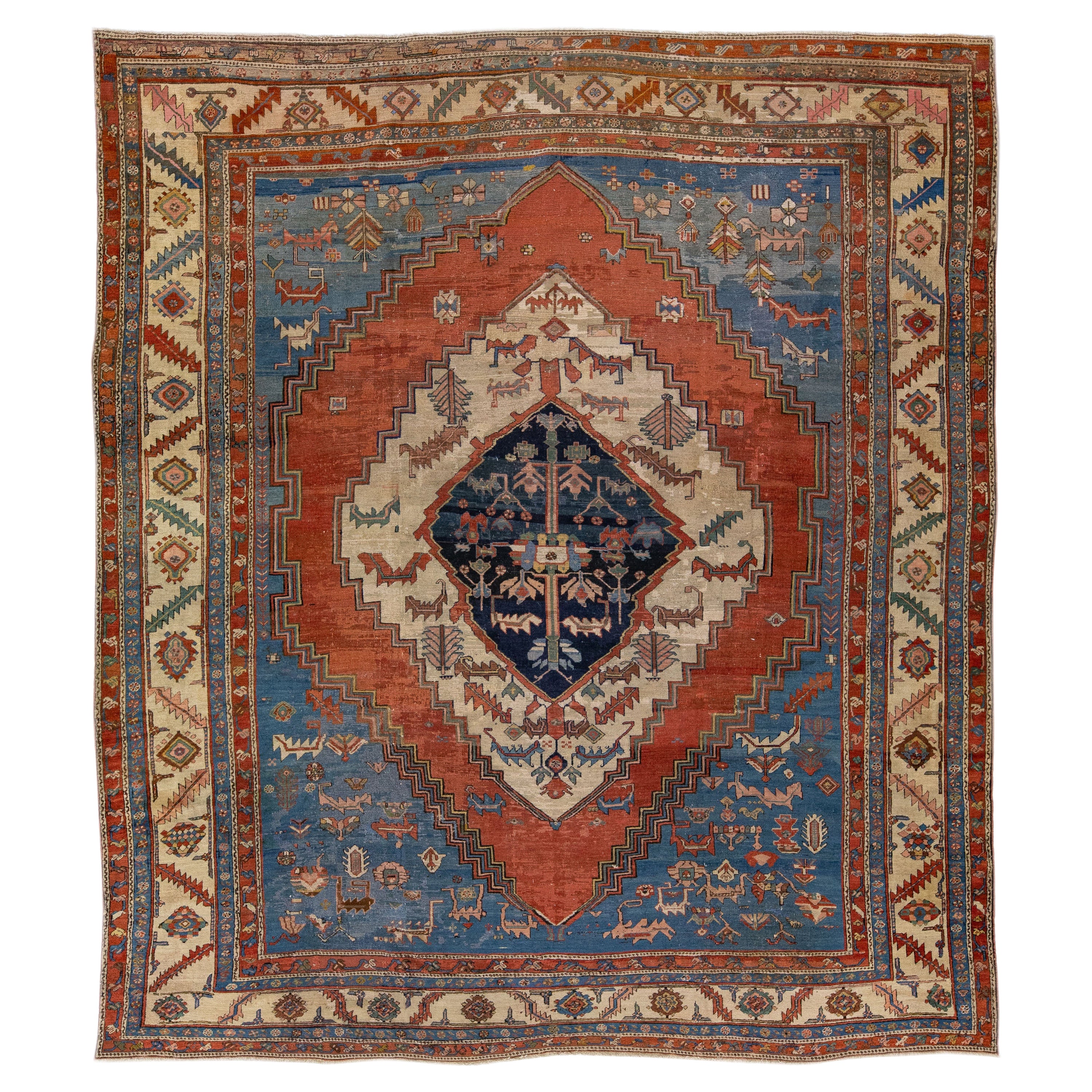 Blauer antiker persischer handgefertigter Bakshaish-Wollteppich mit Medaillon-Motiv in Blau