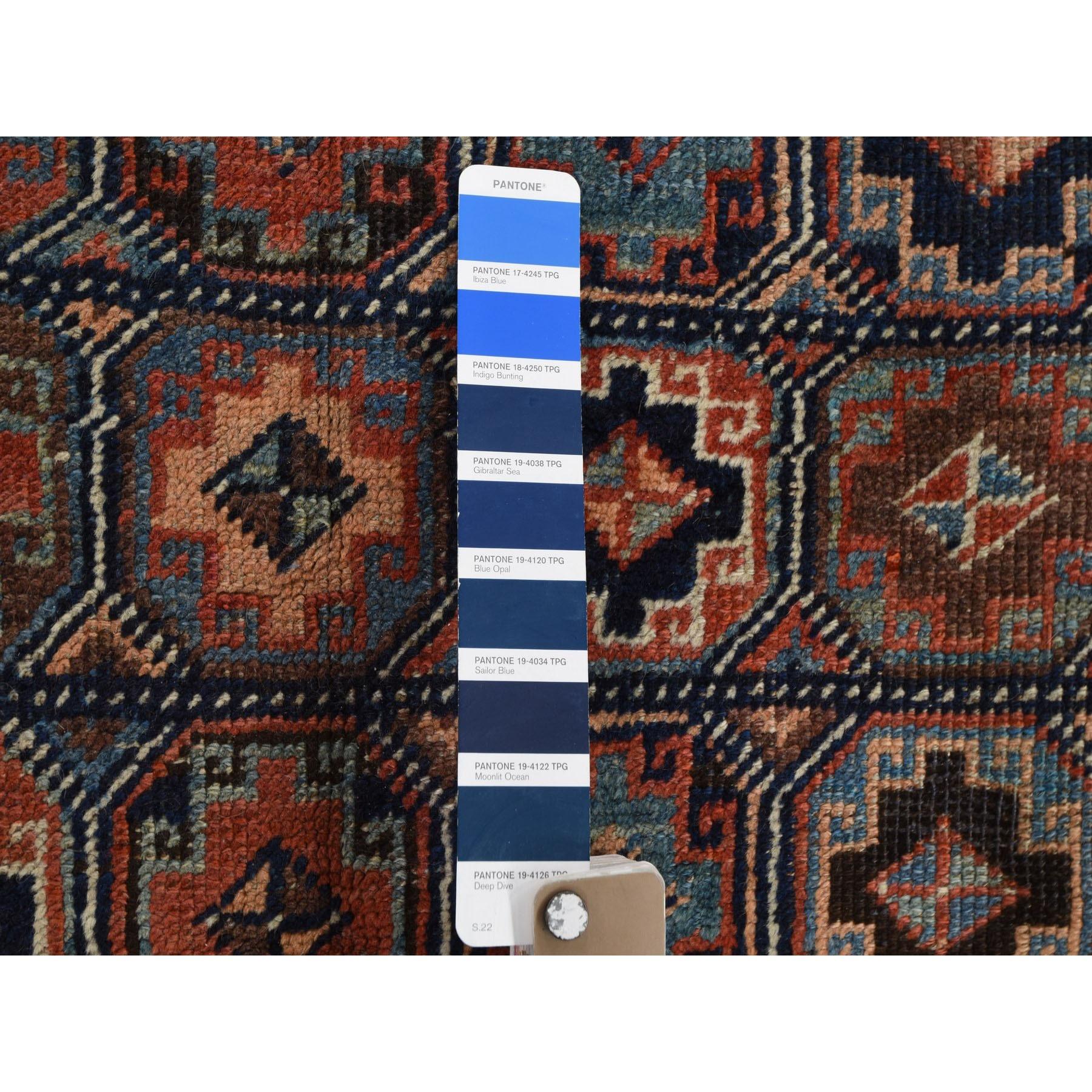 Hand-Knotted Blue Antique Caucasian Kazak Even Wear Wide Runner Hand Knotted Oriental Rug