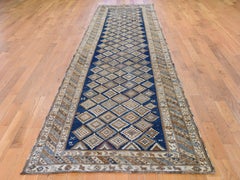Blue Antique Caucasian Wide Runner All-Over Square Design Hand Knotted Oriental