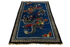 Blue Antique Chinese Dragon Wool Rug Handmade Circa Early 20th Century  4' x 6'