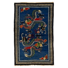 Blue Antique Chinese Dragon Wool Rug Handmade Circa Early 20th Century  4' x 6'