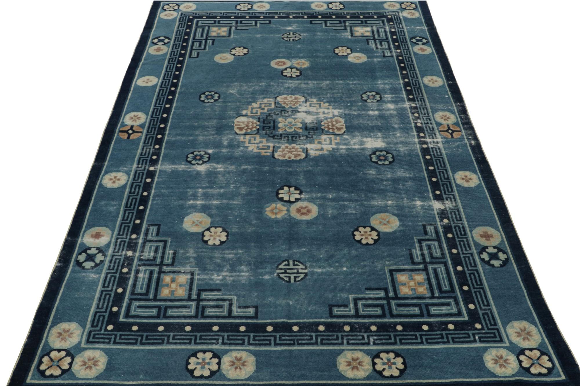 Hand-Knotted Blue Antique Chinese Peking Art Deco Rug with Floral Patterns, from Rug & Kilim For Sale