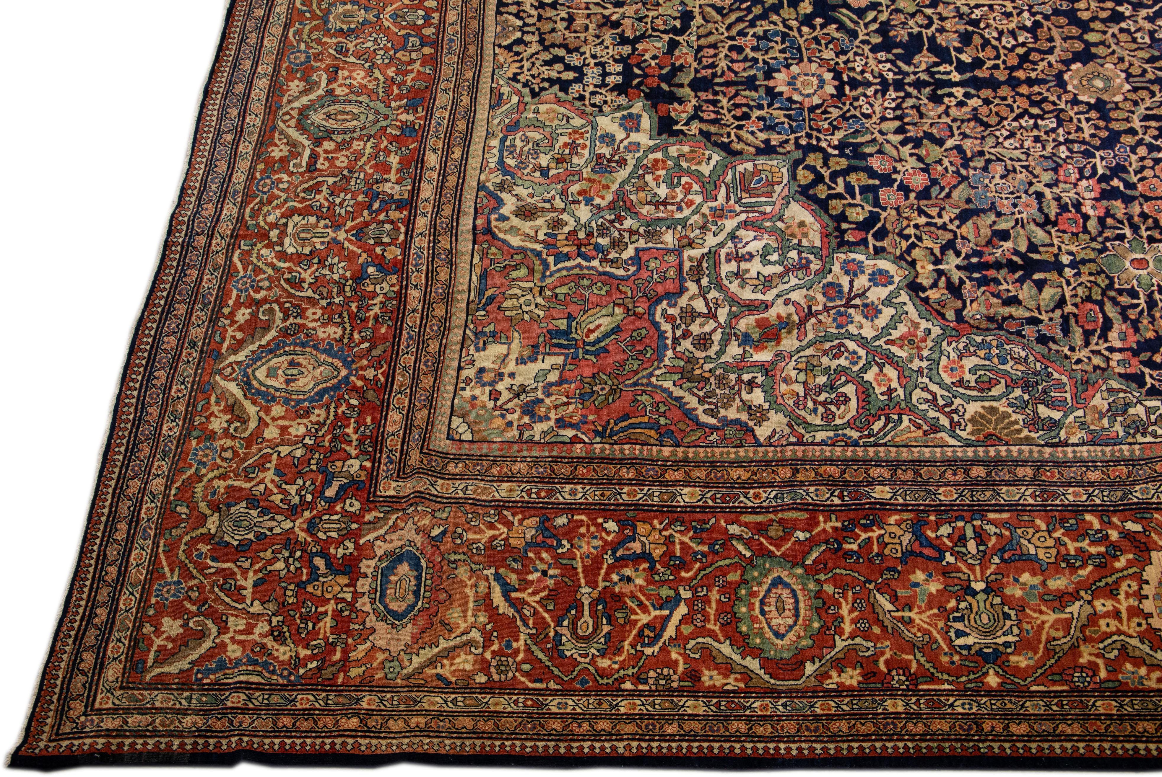 Hand-Knotted Blue Antique Farahan Handmade Oversize Persian Wool Rug With Herati Motif For Sale