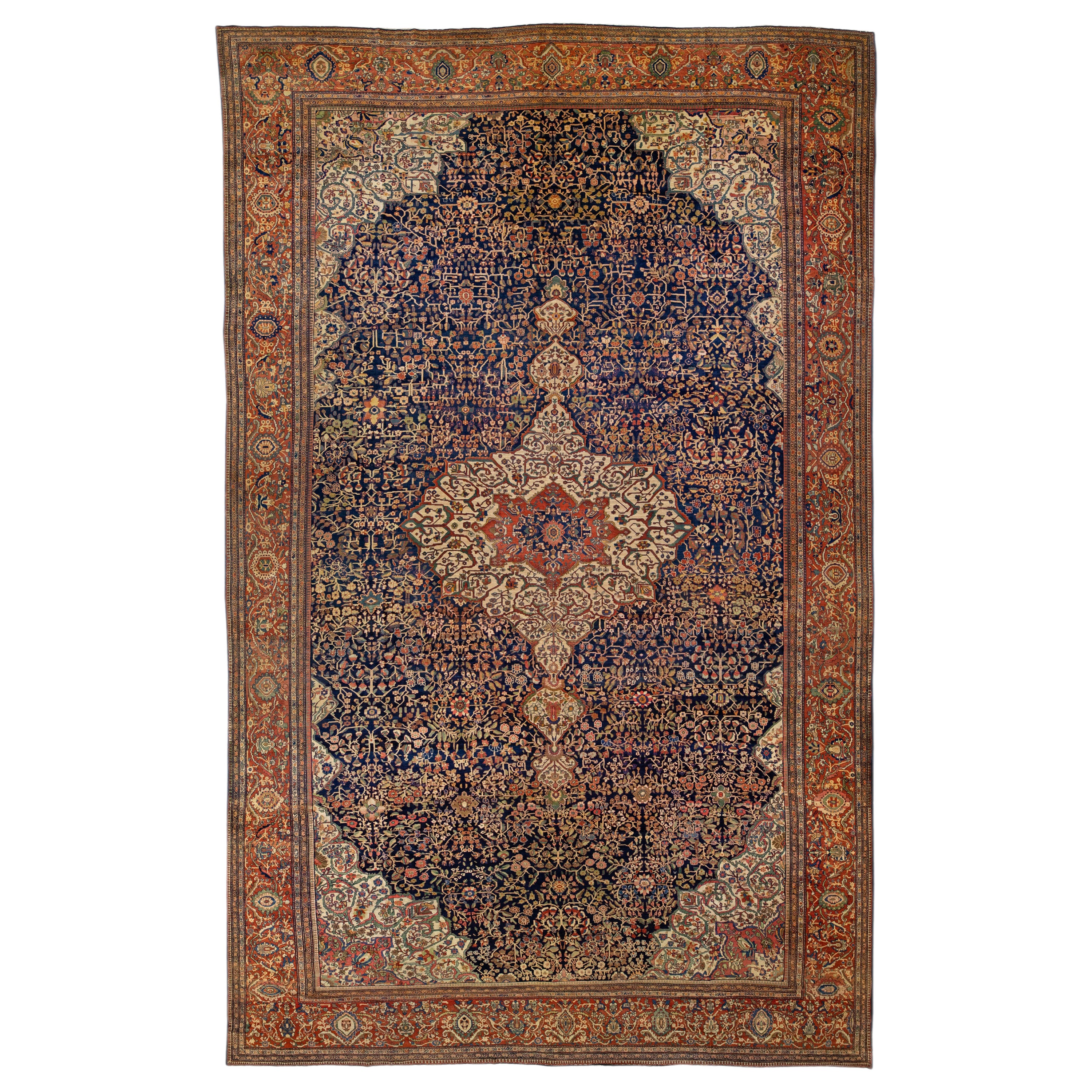 Tappeto blu antico Farahan fatto a mano in lana persiana oversize con motivo Herati