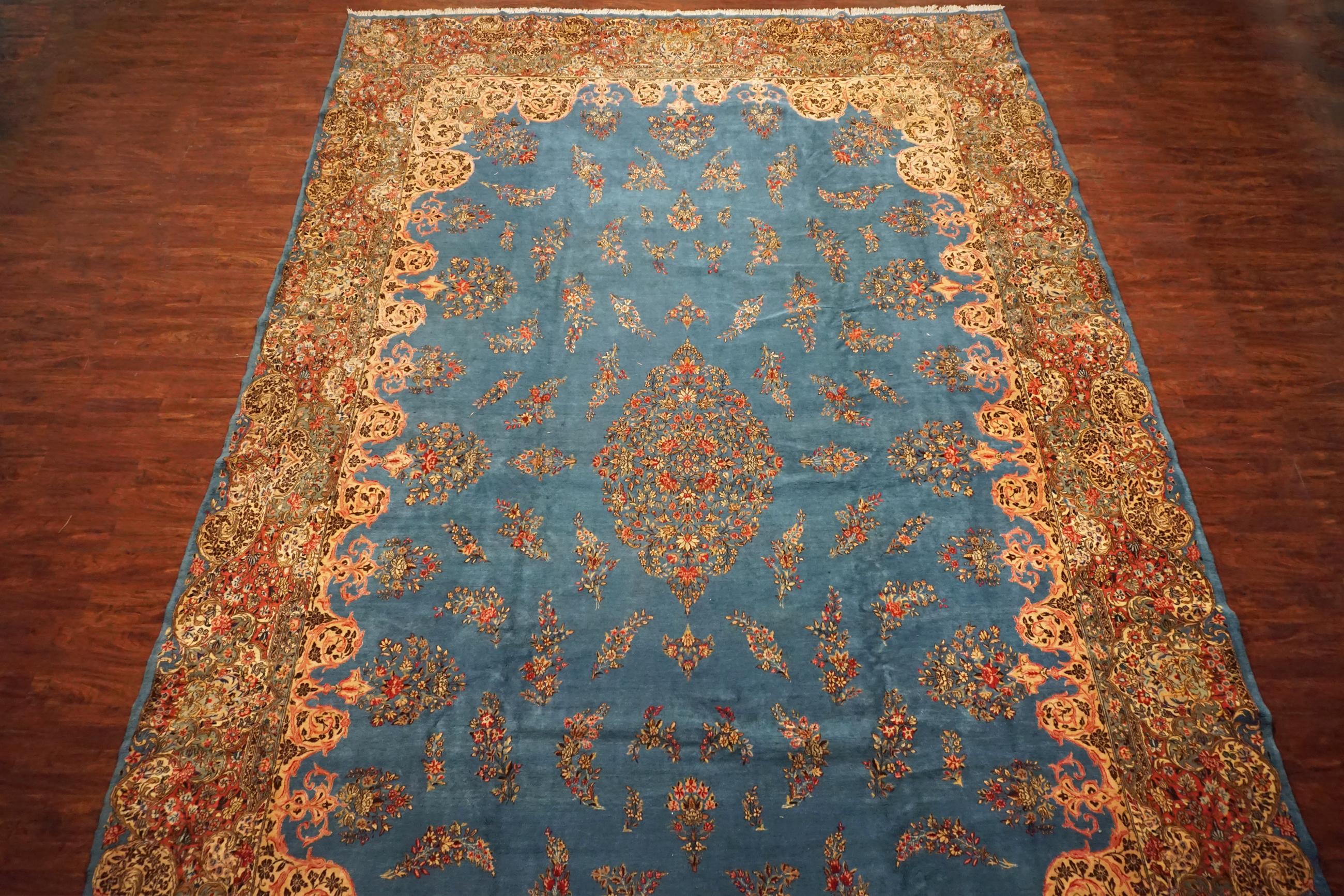 Hand-Knotted Blue Antique Fine Persian Kerman For Sale