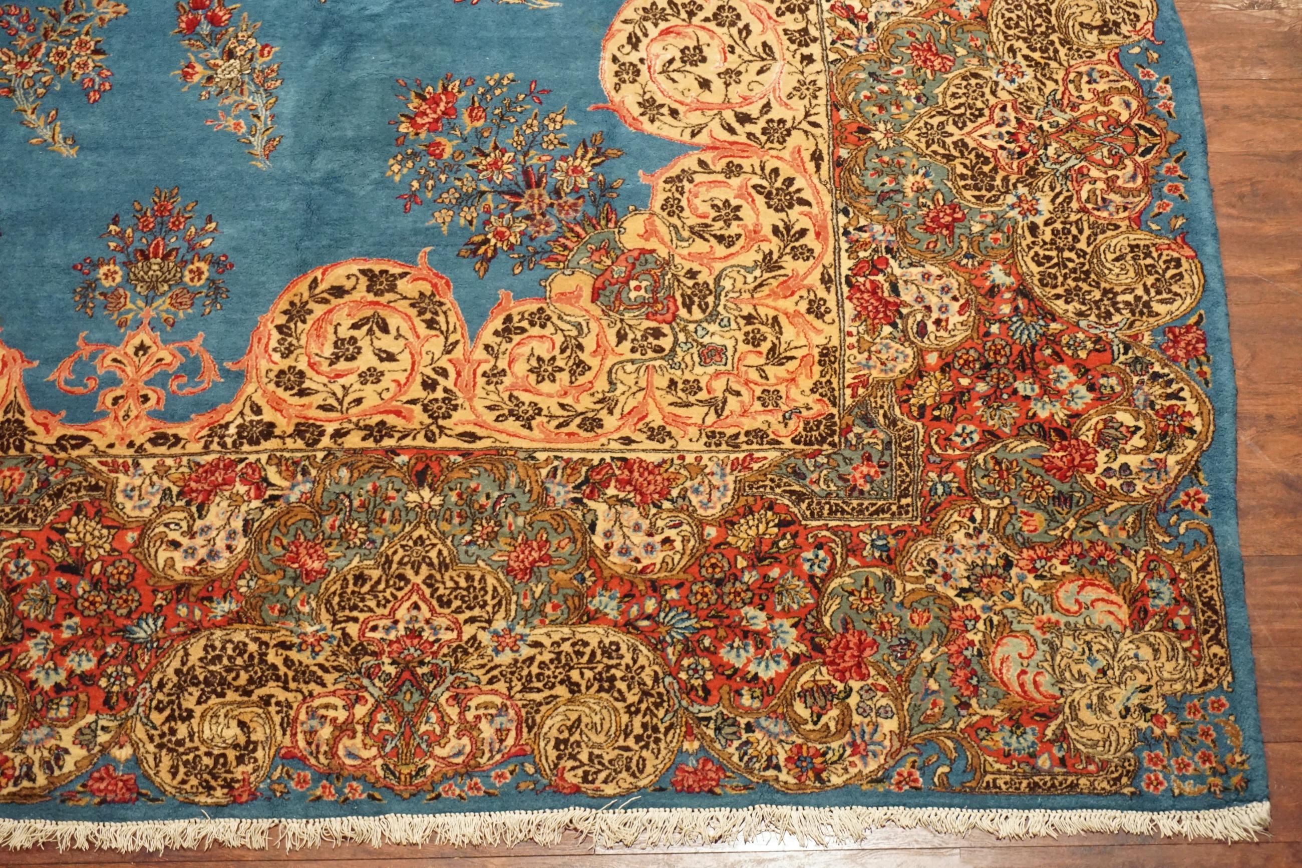 Wool Blue Antique Fine Persian Kerman For Sale