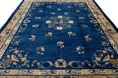 Blue Antique Handmade Peking Chinese Floral Wool Rug