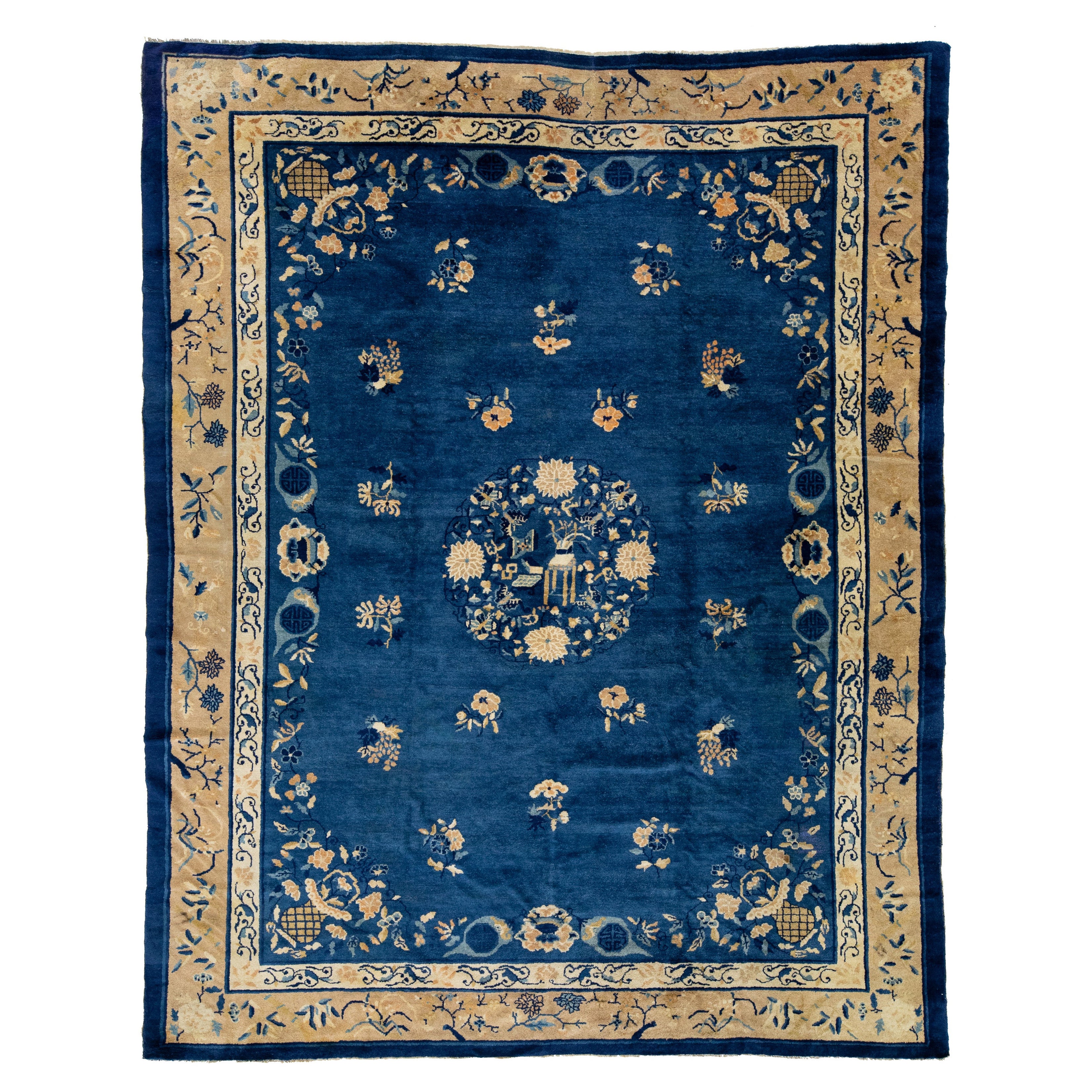 Alfombra de Lana Floral China de Pekín Azul Antigua Hecha a Mano