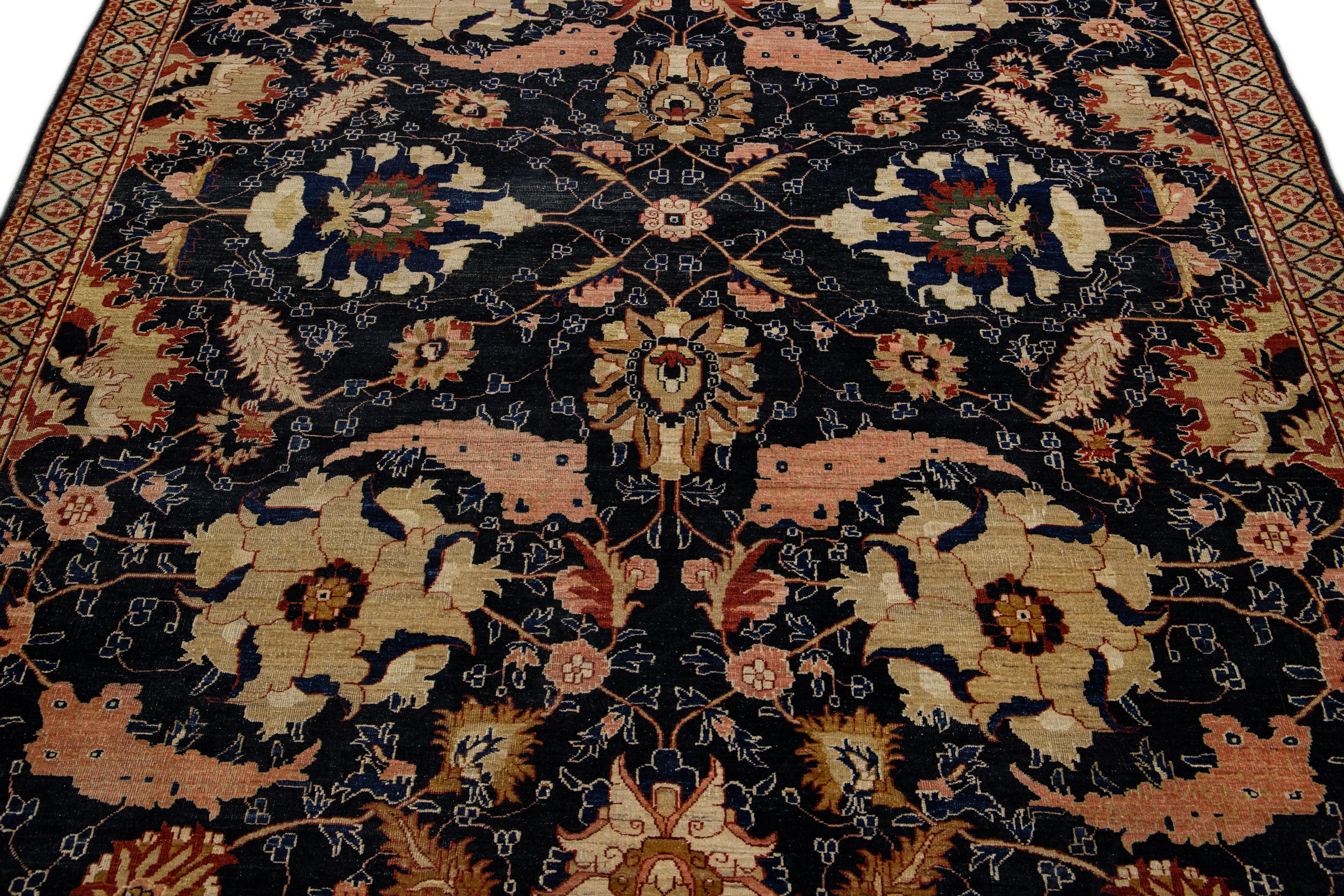 Anglo-Indian Blue Antique Indian Agra Handmade Floral Designed Wool Rug For Sale