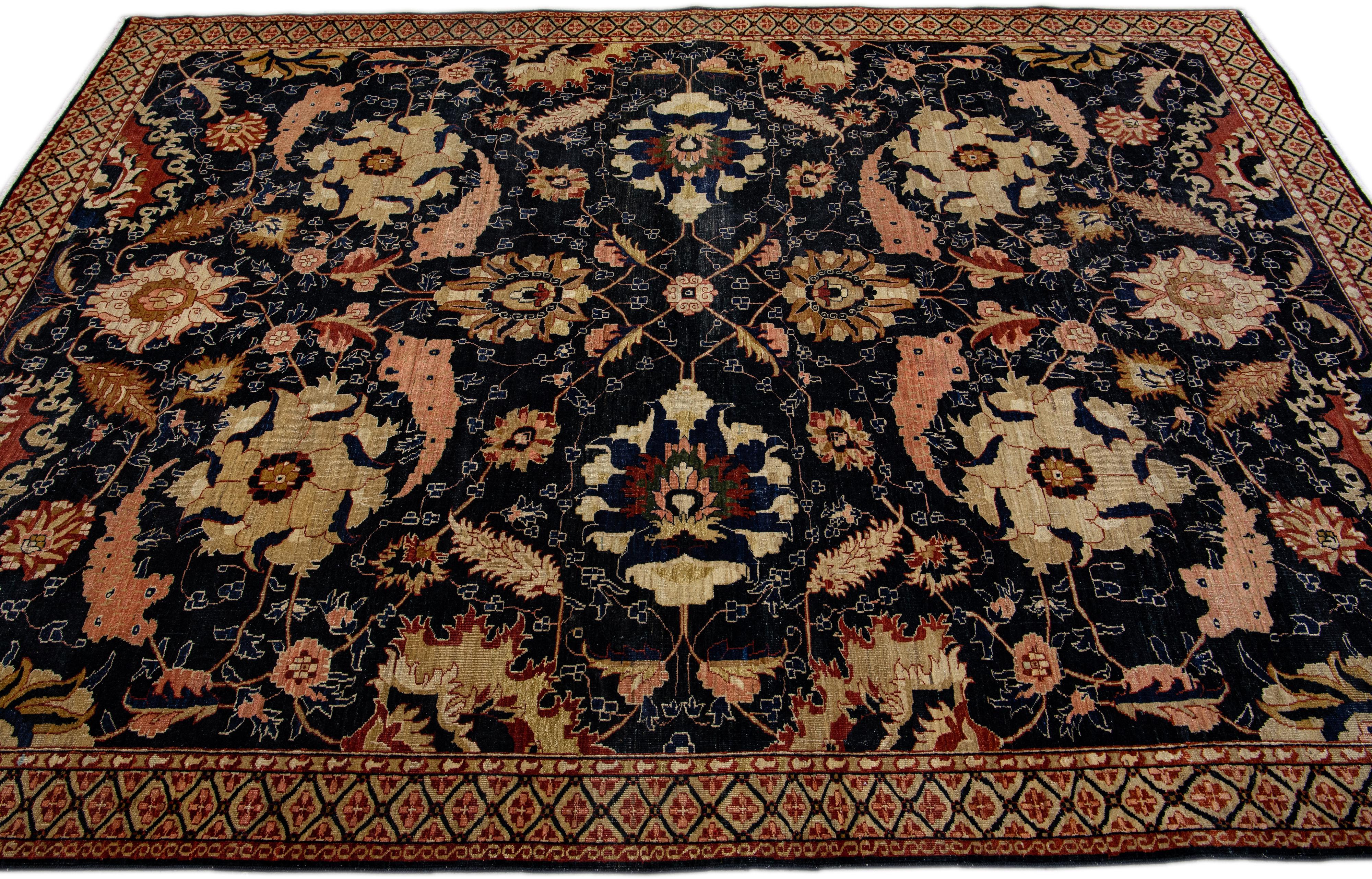Hand-Knotted Blue Antique Indian Agra Handmade Floral Designed Wool Rug For Sale