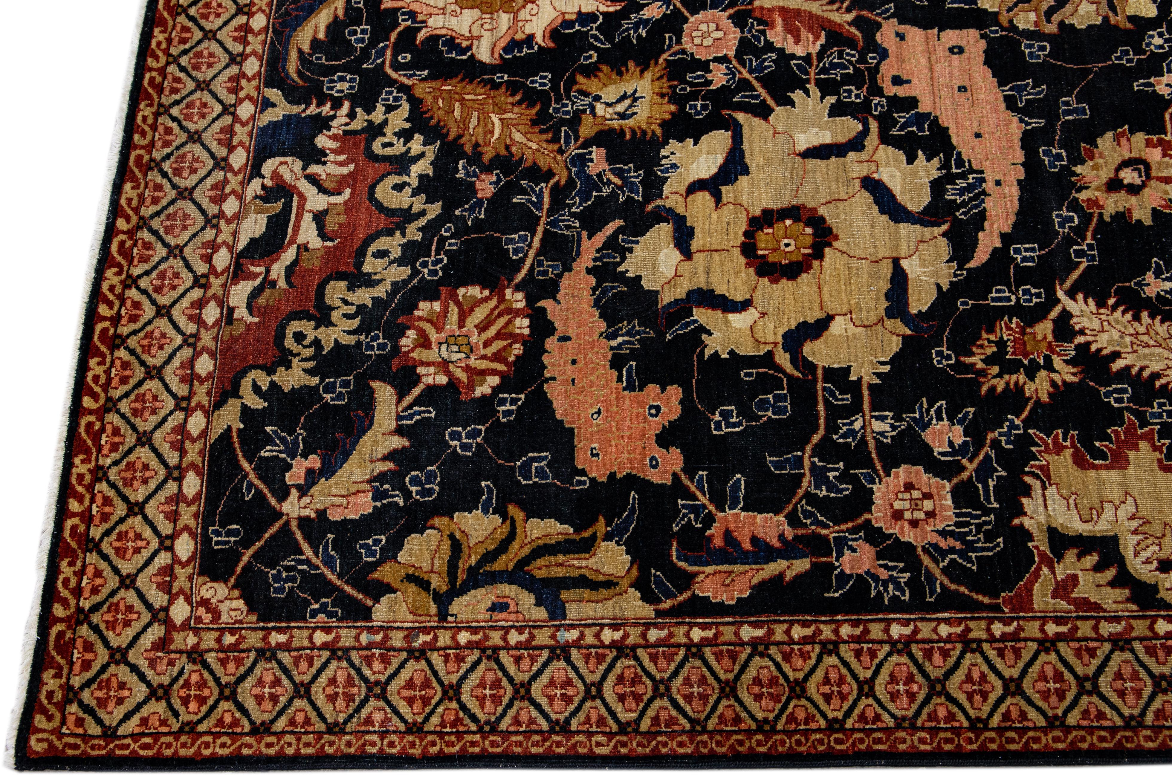 Noué à la main Tapis indien ancien Agra en laine bleu, fabriqué à la main et à motifs floraux en vente