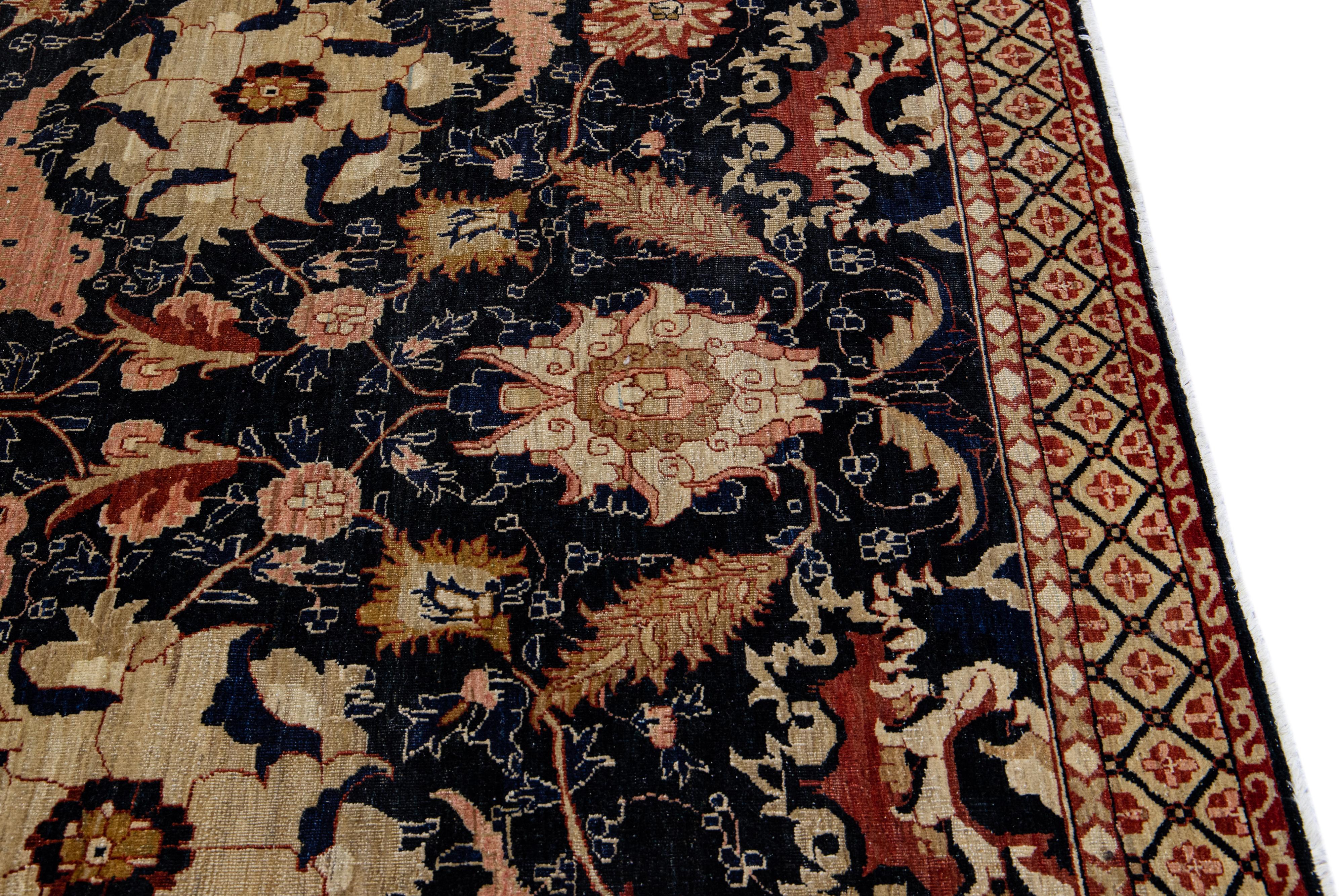 Laine Tapis indien ancien Agra en laine bleu, fabriqué à la main et à motifs floraux en vente