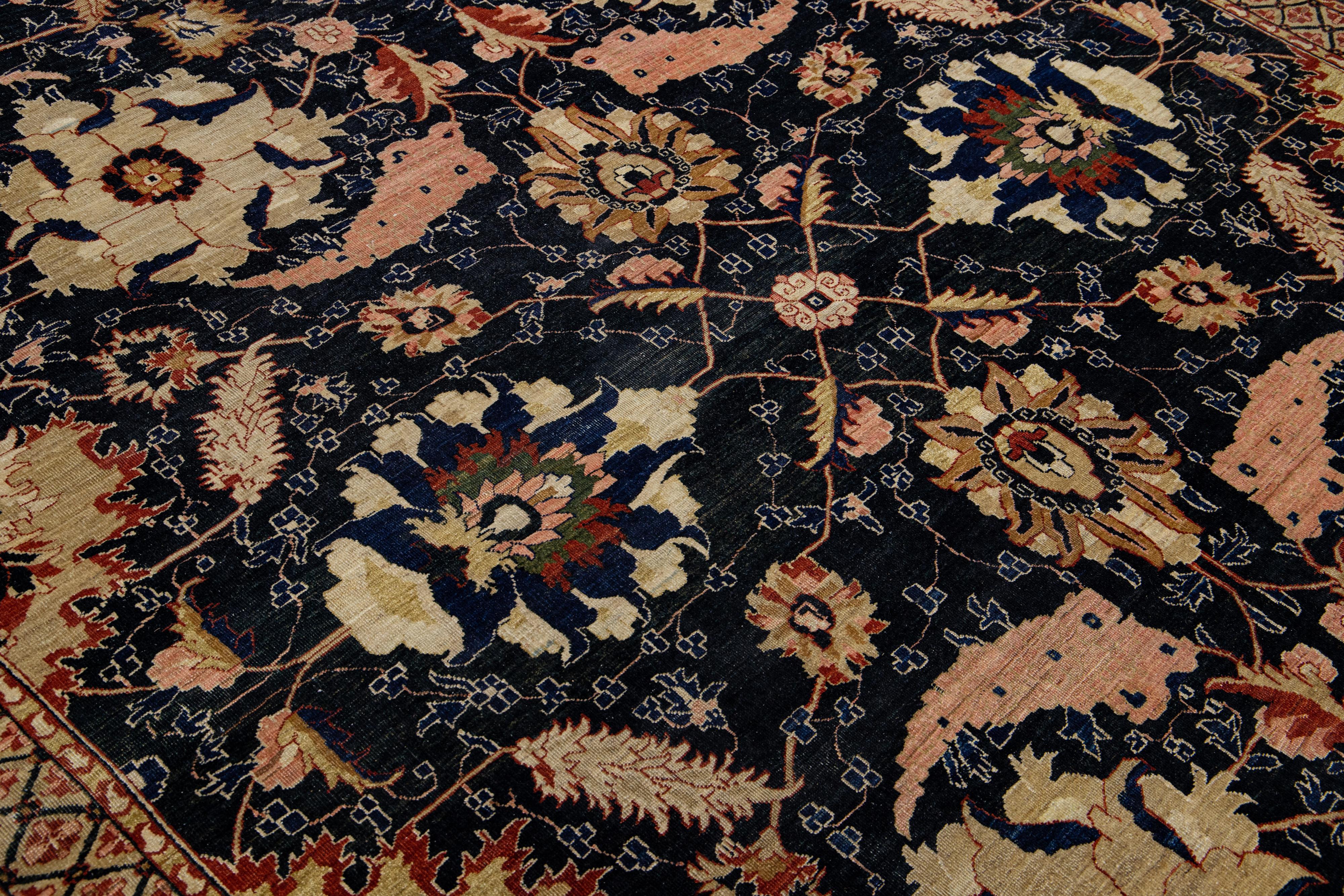 Blue Antique Indian Agra Handmade Floral Designed Wool Rug For Sale 3