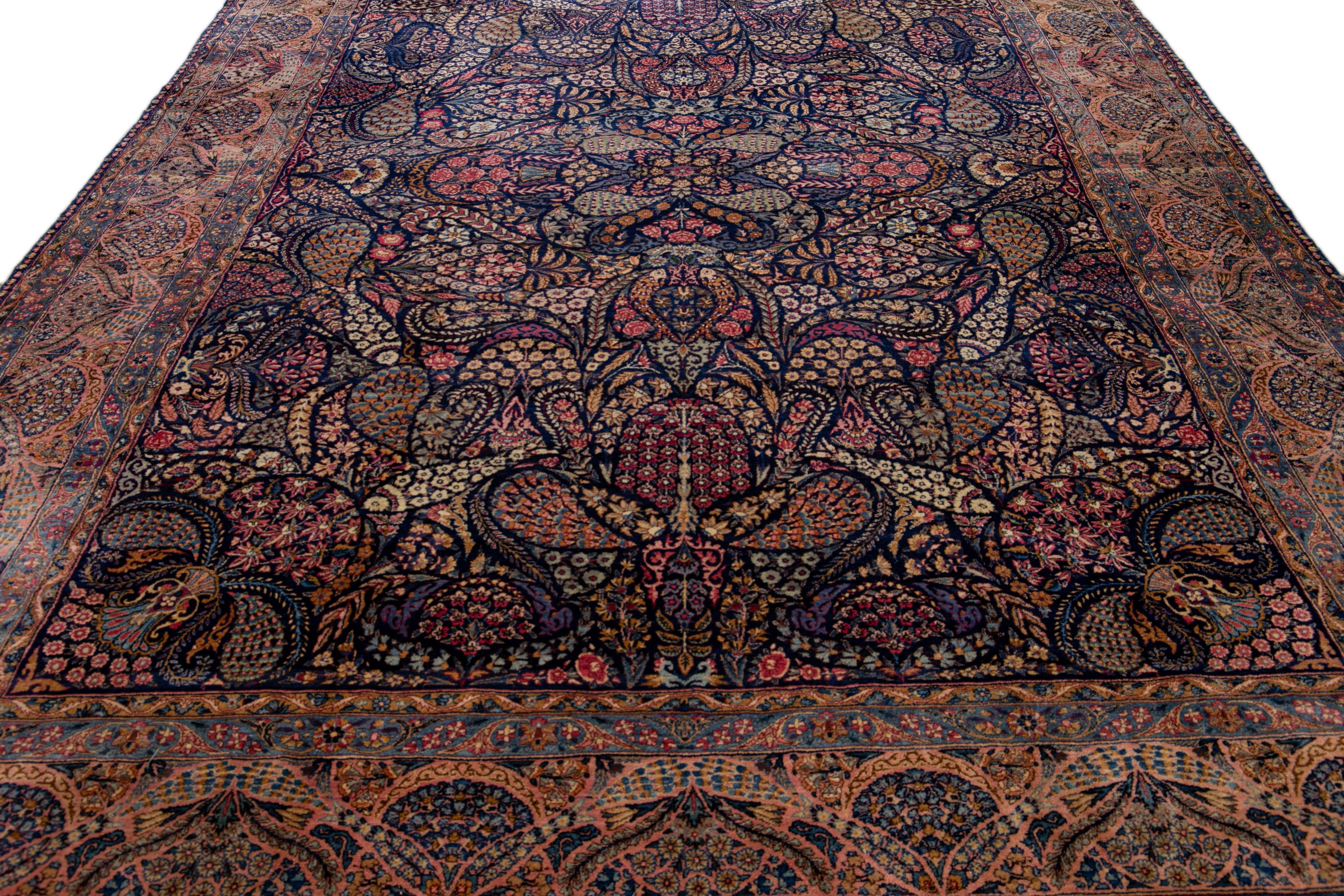 Islamic Blue Antique Kerman Handmade Multicolor Allover Designed Wool Rug For Sale