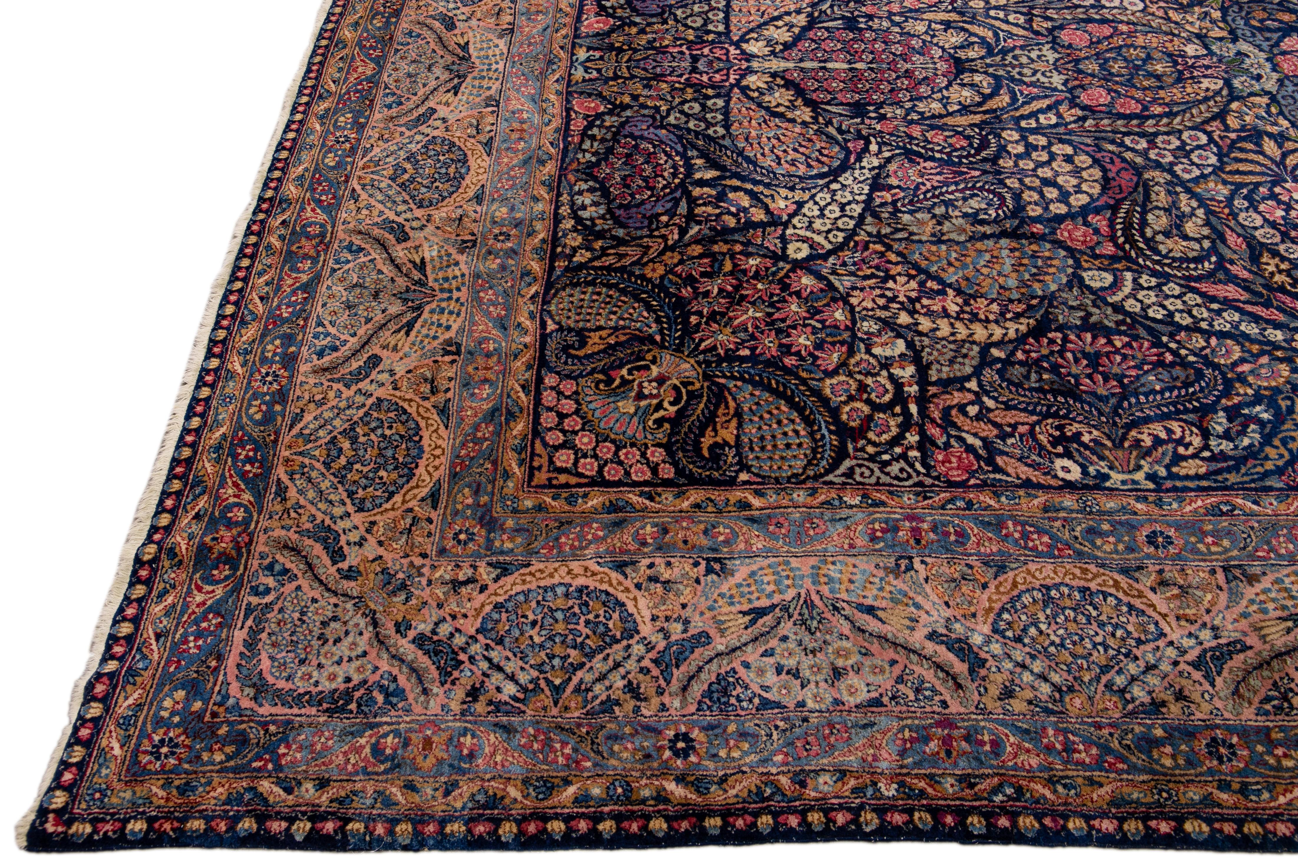 Persian Blue Antique Kerman Handmade Multicolor Allover Designed Wool Rug For Sale