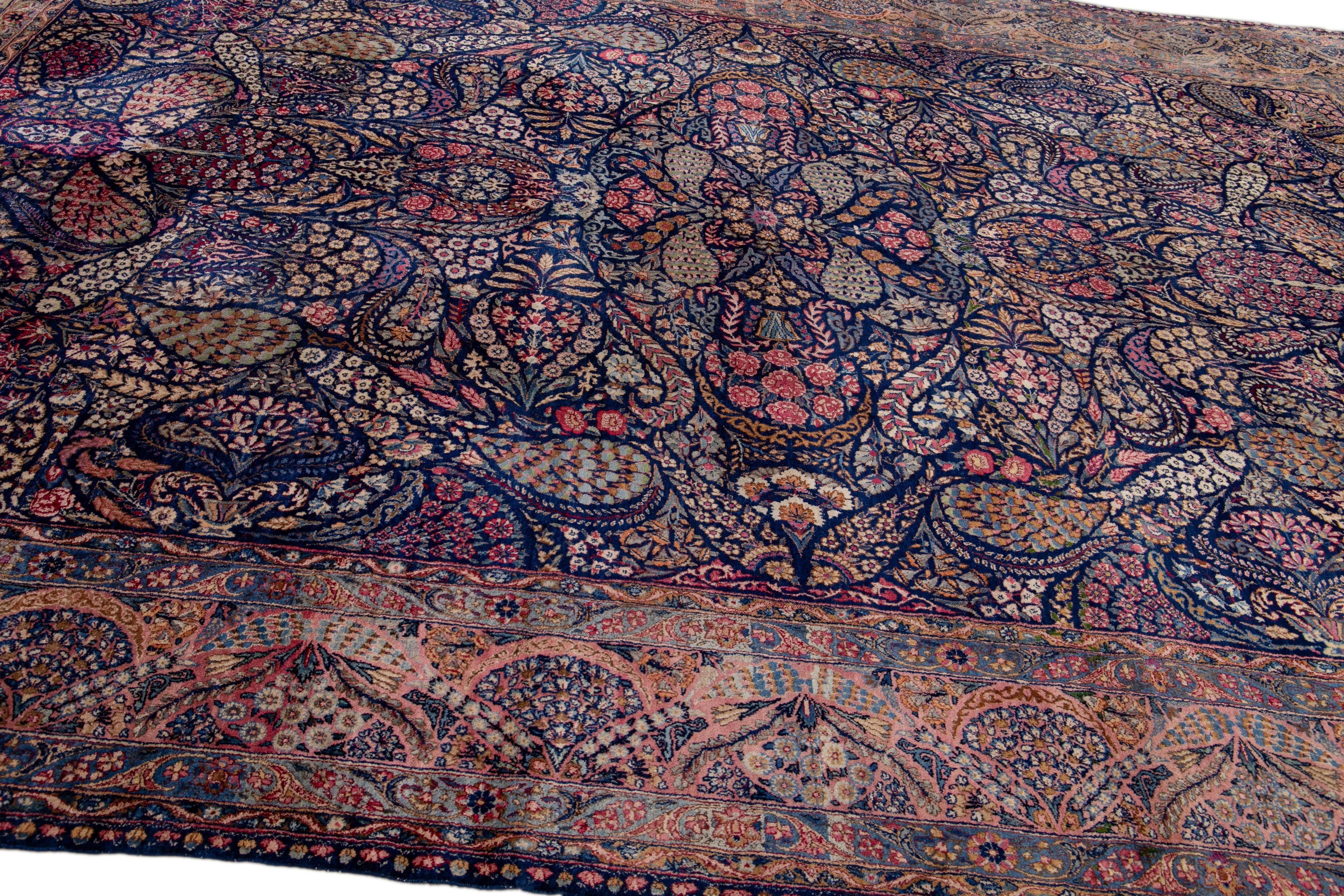 Blue Antique Kerman Handmade Multicolor Allover Designed Wool Rug In Good Condition For Sale In Norwalk, CT