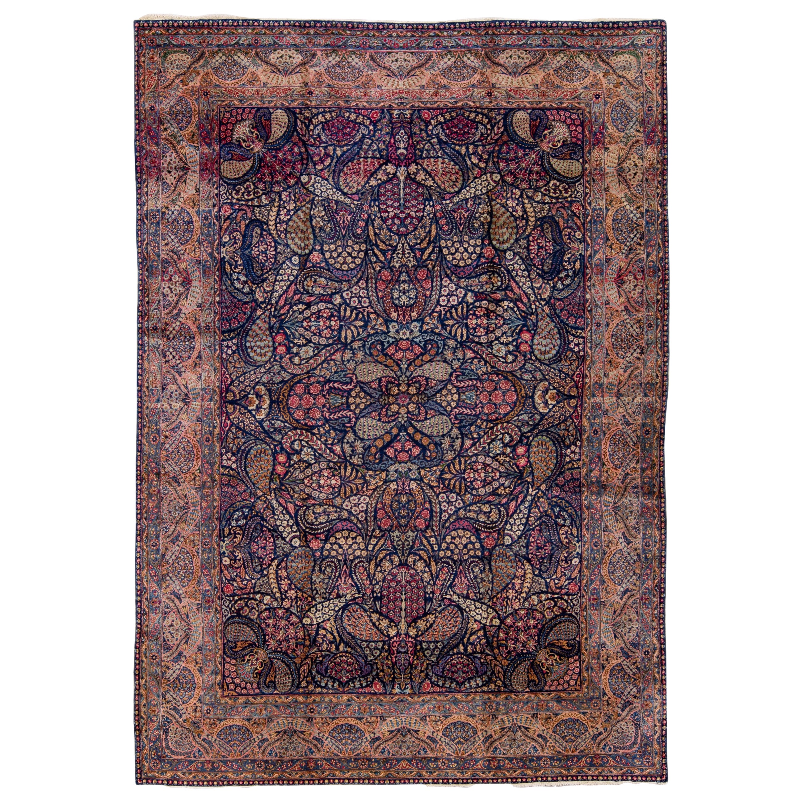 Tapis Kerman ancien en laine bleu, fabriqué à la main et multicolore, à motifs allover