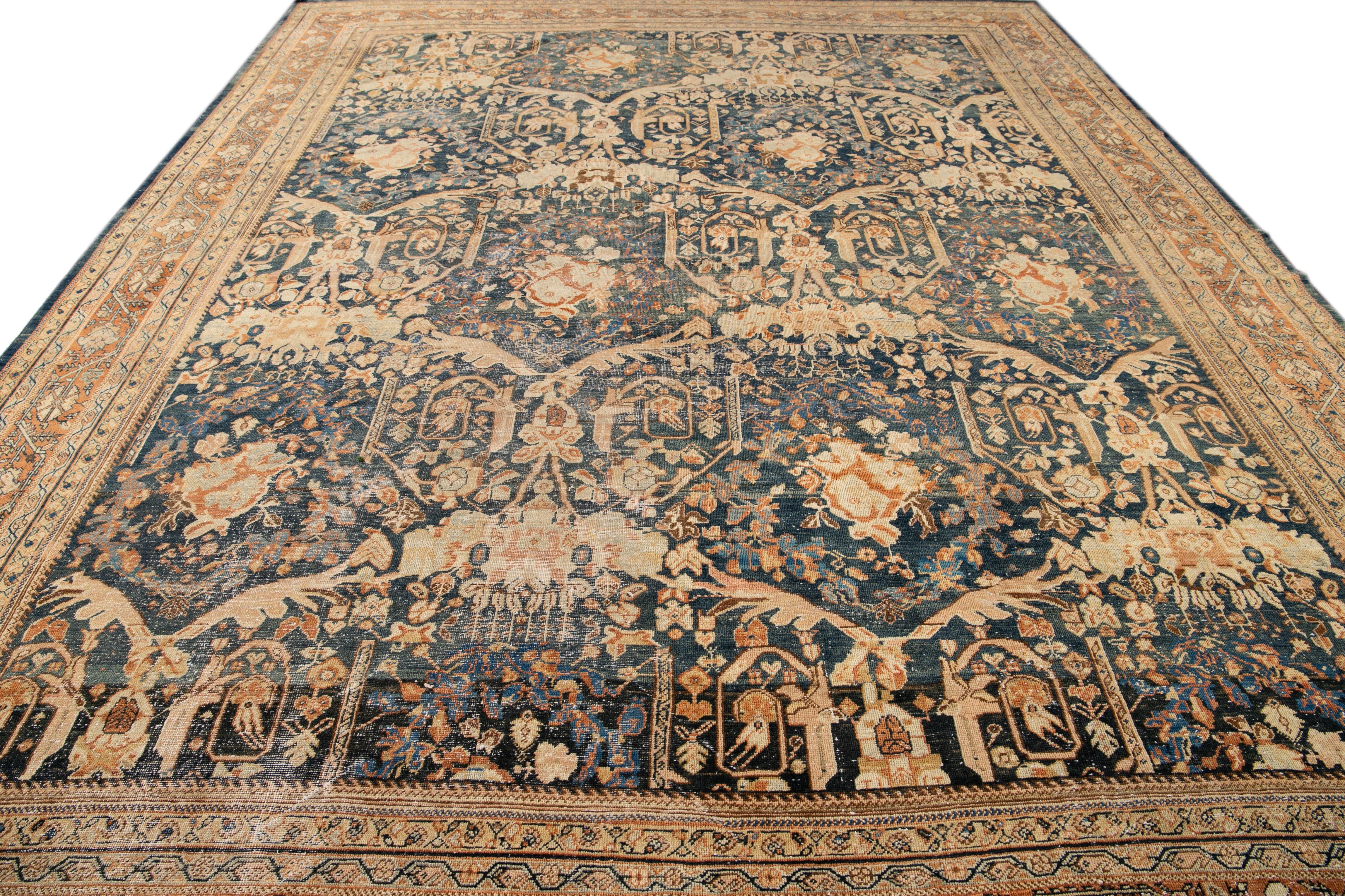 Blue Antique Mahal Handmade Wool Rug In Distressed Condition For Sale In Norwalk, CT