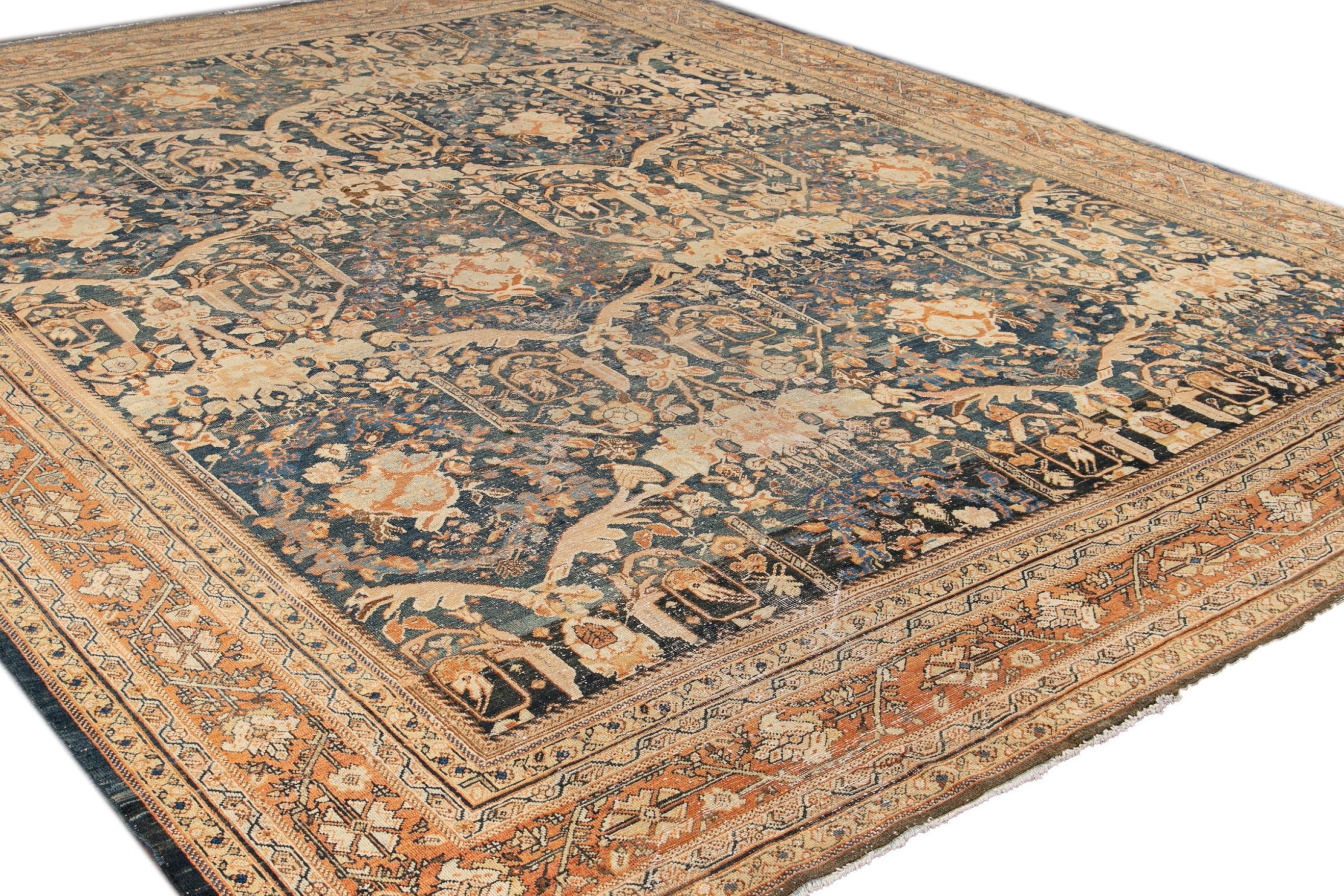 20th Century Blue Antique Mahal Handmade Wool Rug For Sale