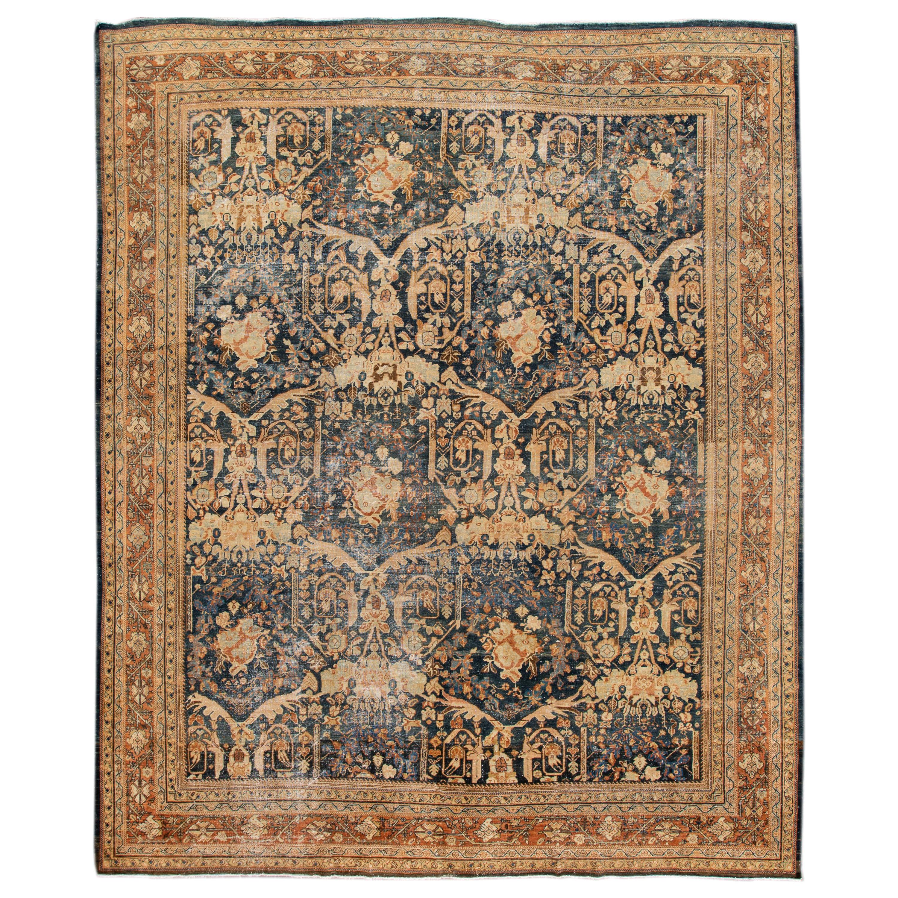 Tapis Mahal bleu ancien en laine fait à la main