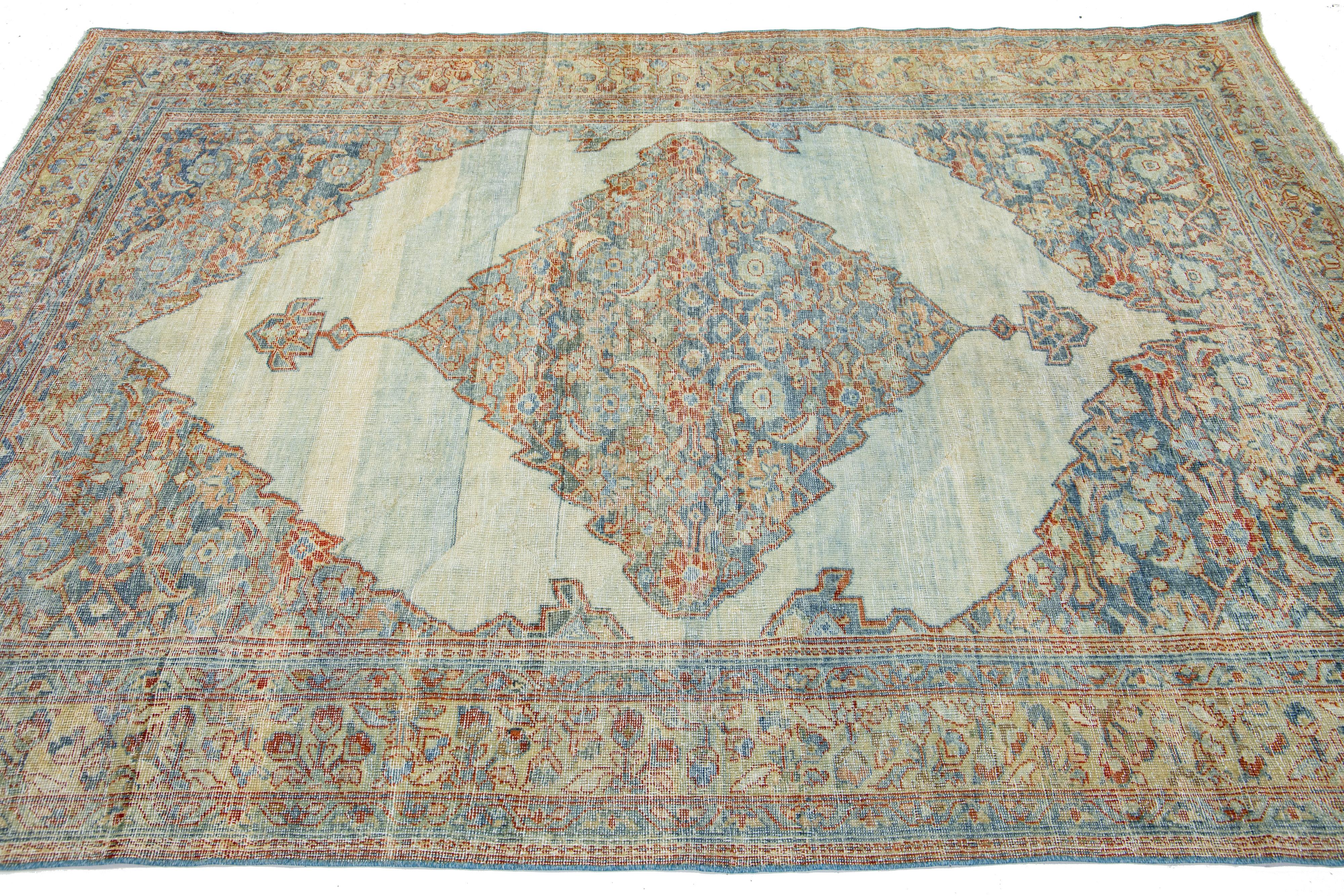 Persian Blue Antique Mahal Handmade Wool Rug with Allover Pattern For Sale