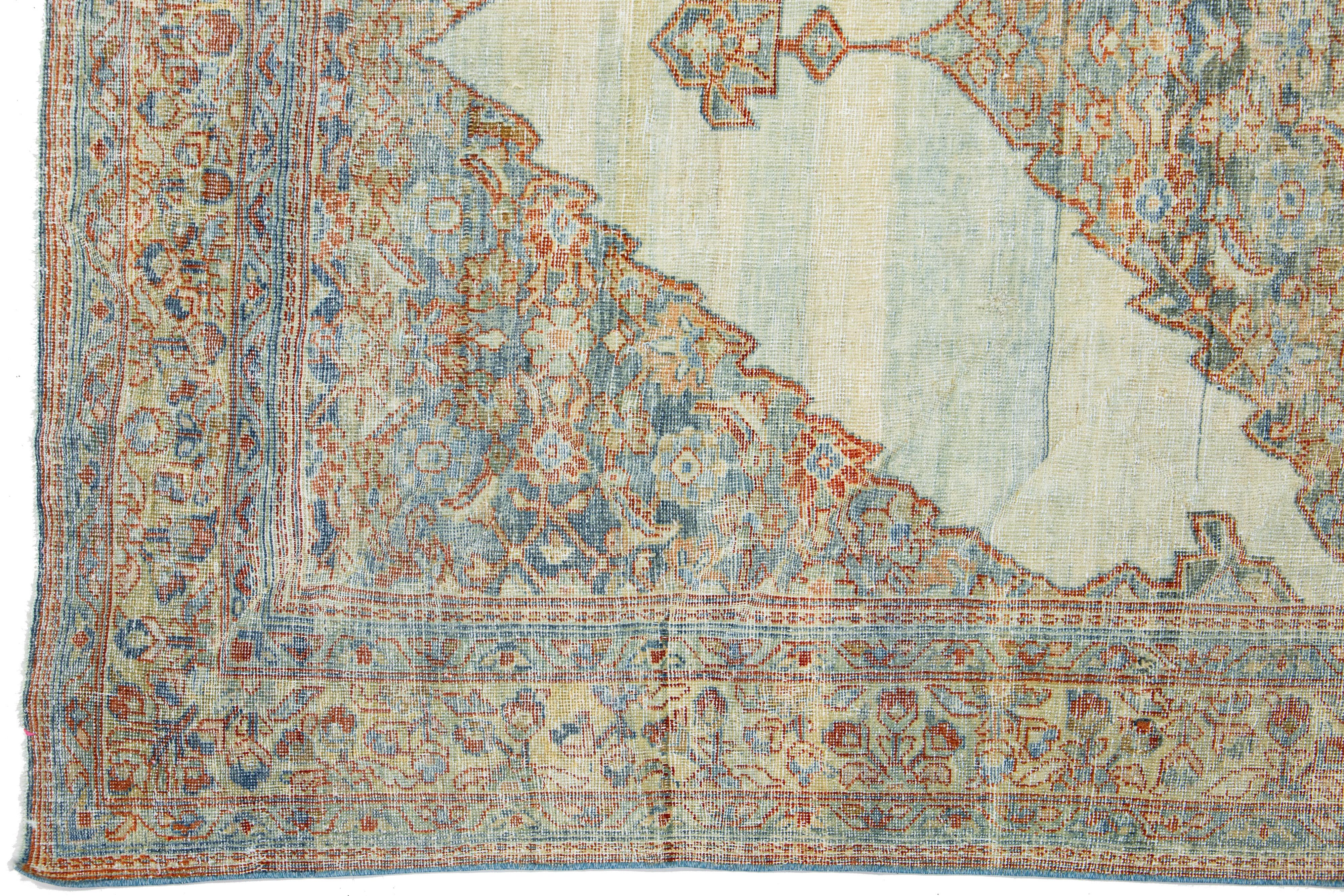 Hand-Knotted Blue Antique Mahal Handmade Wool Rug with Allover Pattern For Sale