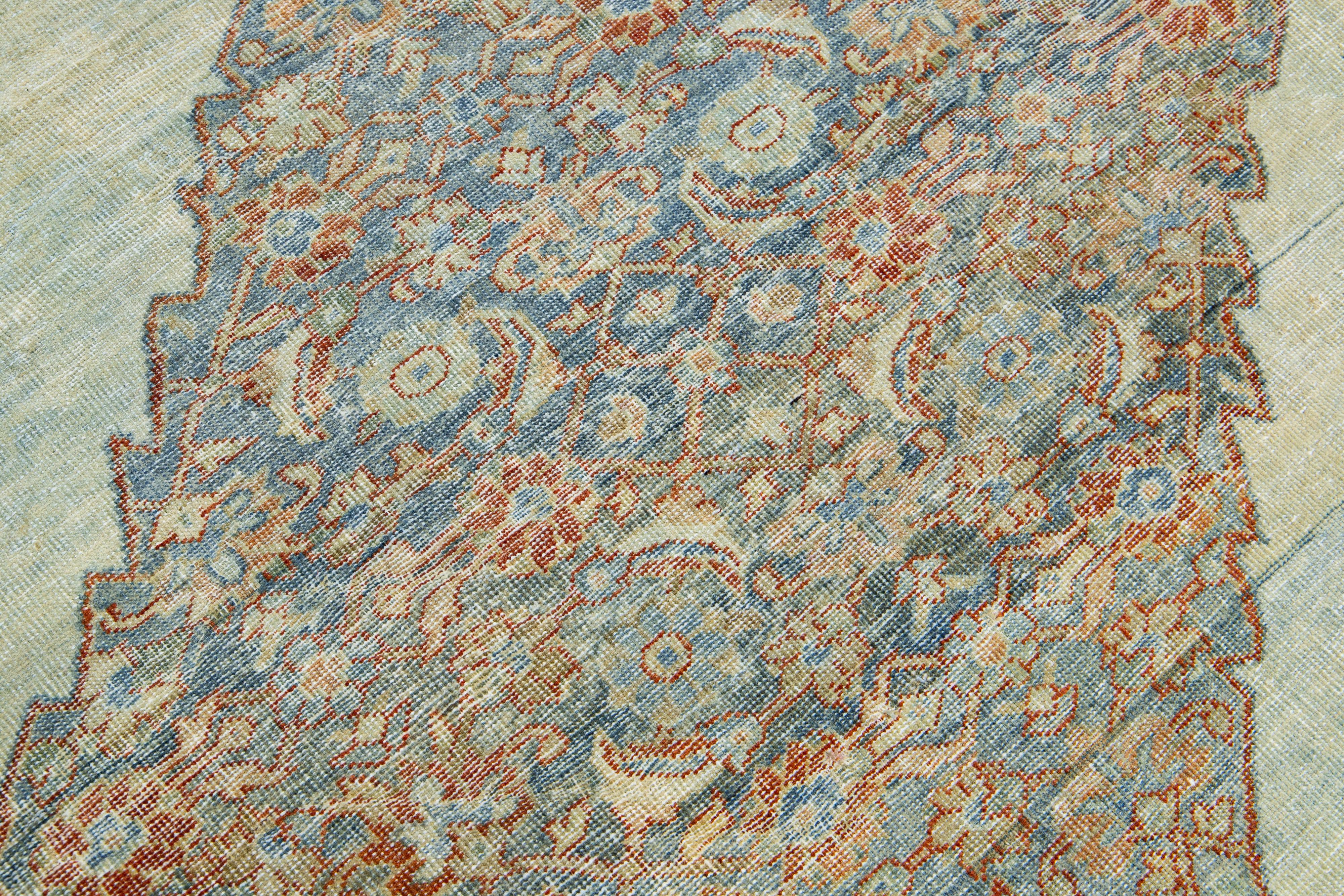 20th Century Blue Antique Mahal Handmade Wool Rug with Allover Pattern For Sale