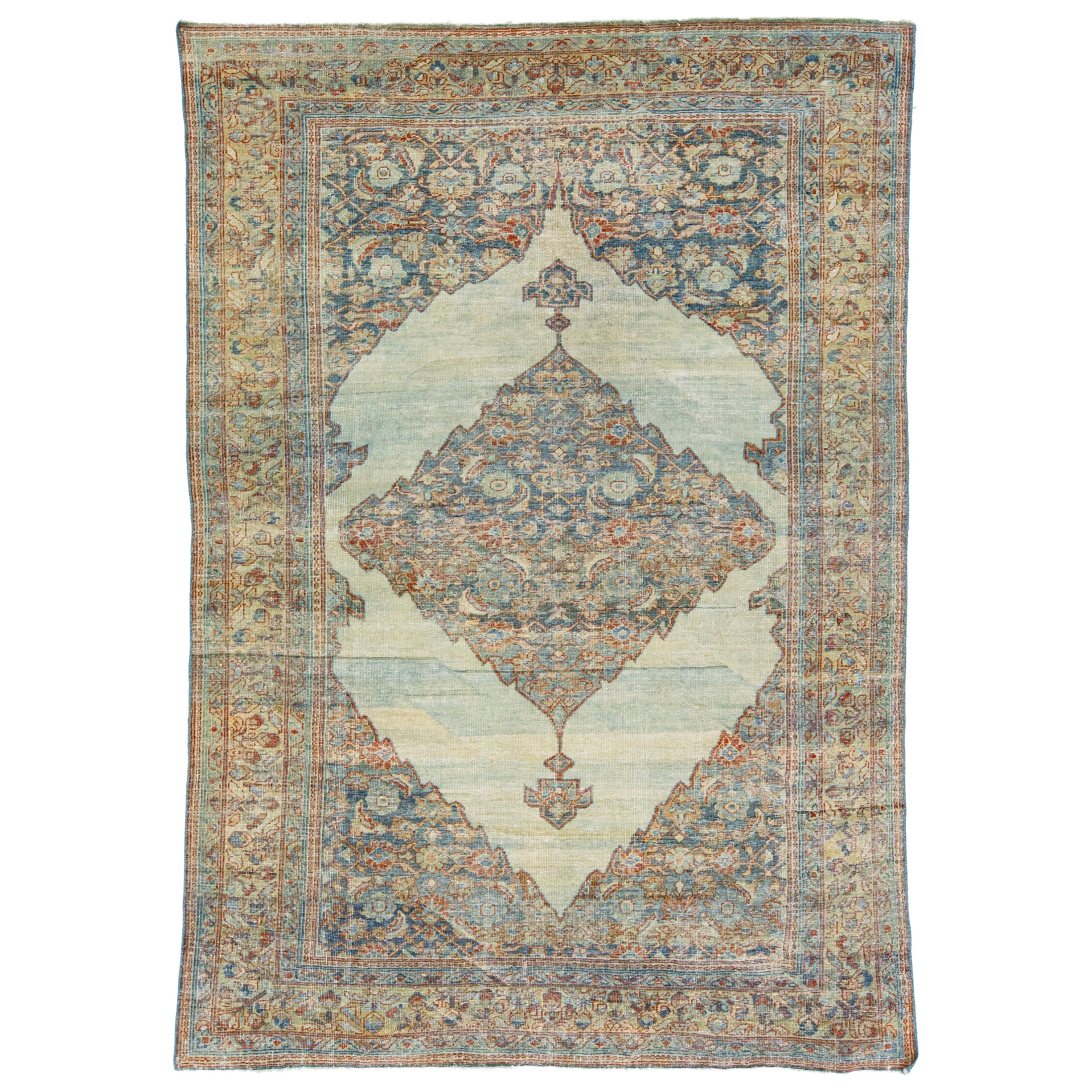 Tappeto in lana fatto a mano blu Antique Mahal con motivo a trifoglio