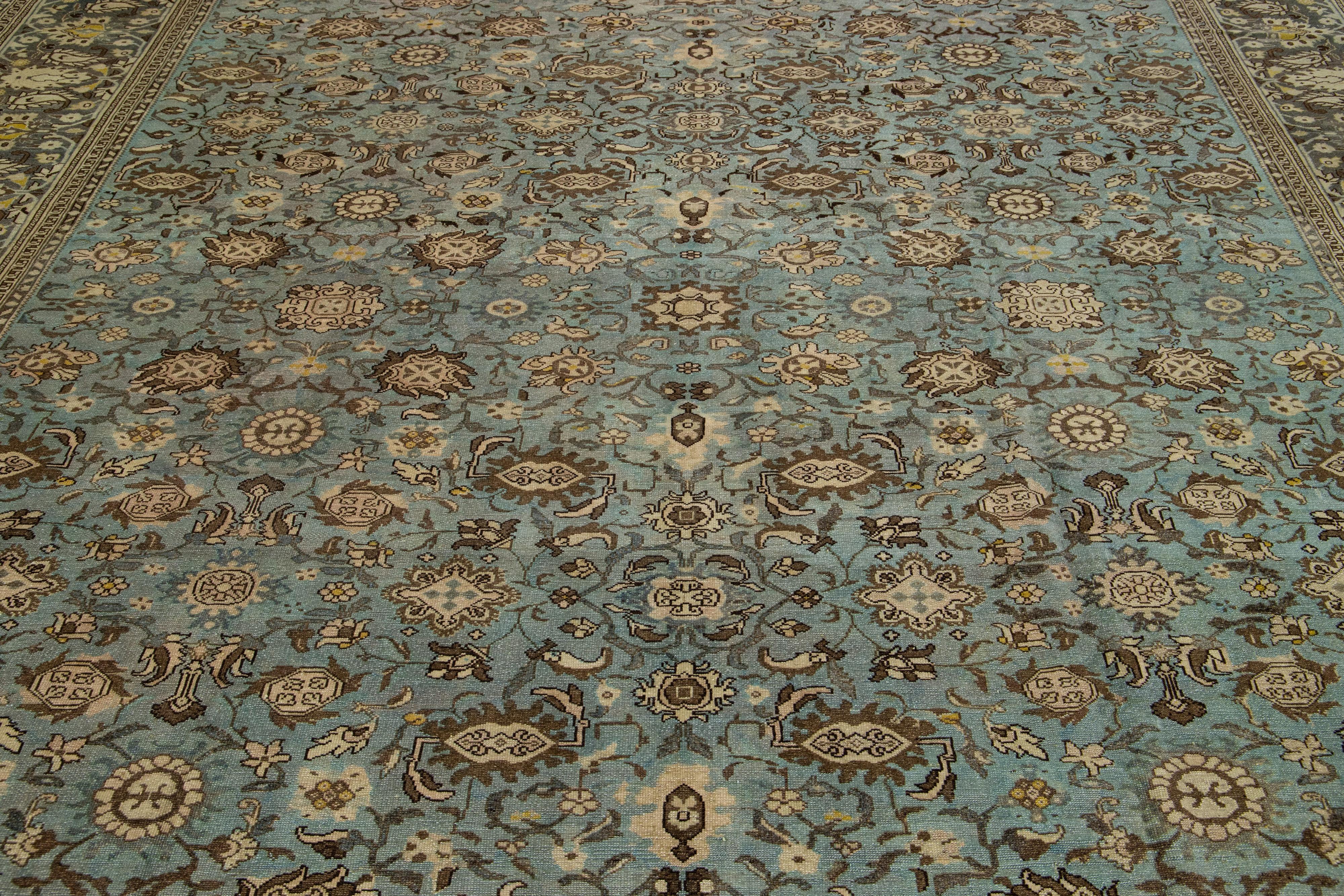 Hand-Knotted Blue Antique Malayer Handmade Persian Wool Rug with Allover Floral Motif For Sale