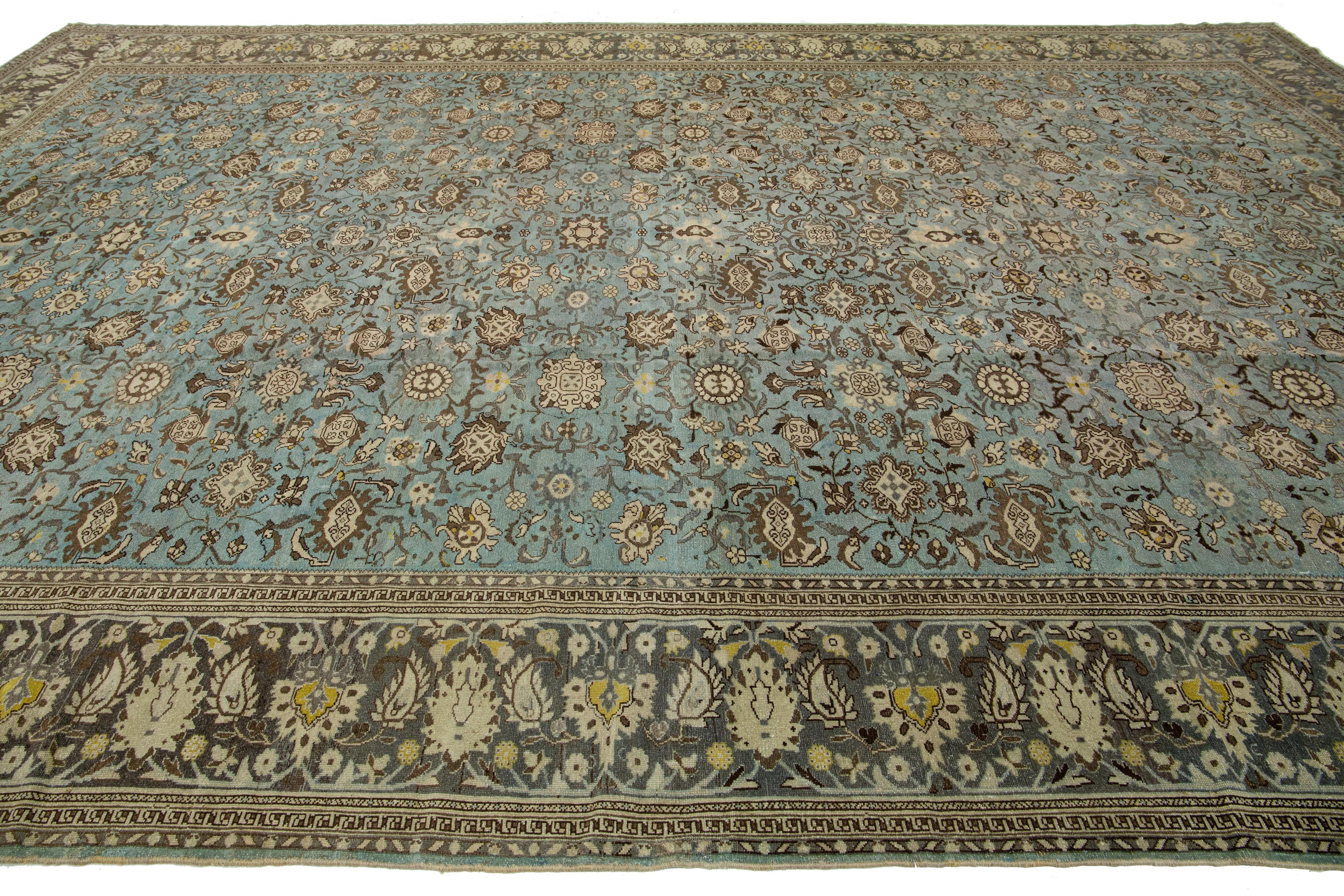 20th Century Blue Antique Malayer Handmade Persian Wool Rug with Allover Floral Motif For Sale