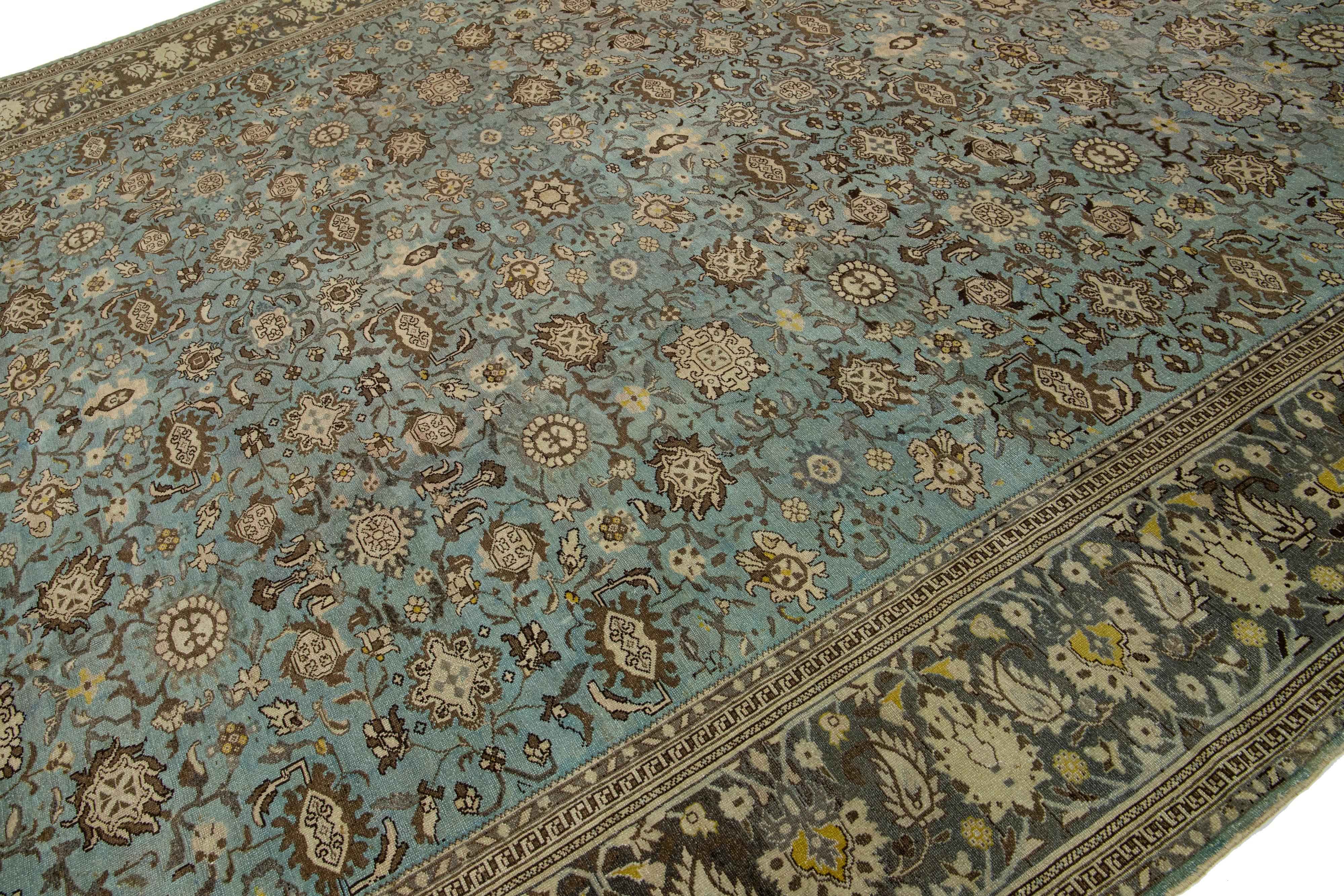 Blue Antique Malayer Handmade Persian Wool Rug with Allover Floral Motif For Sale 1