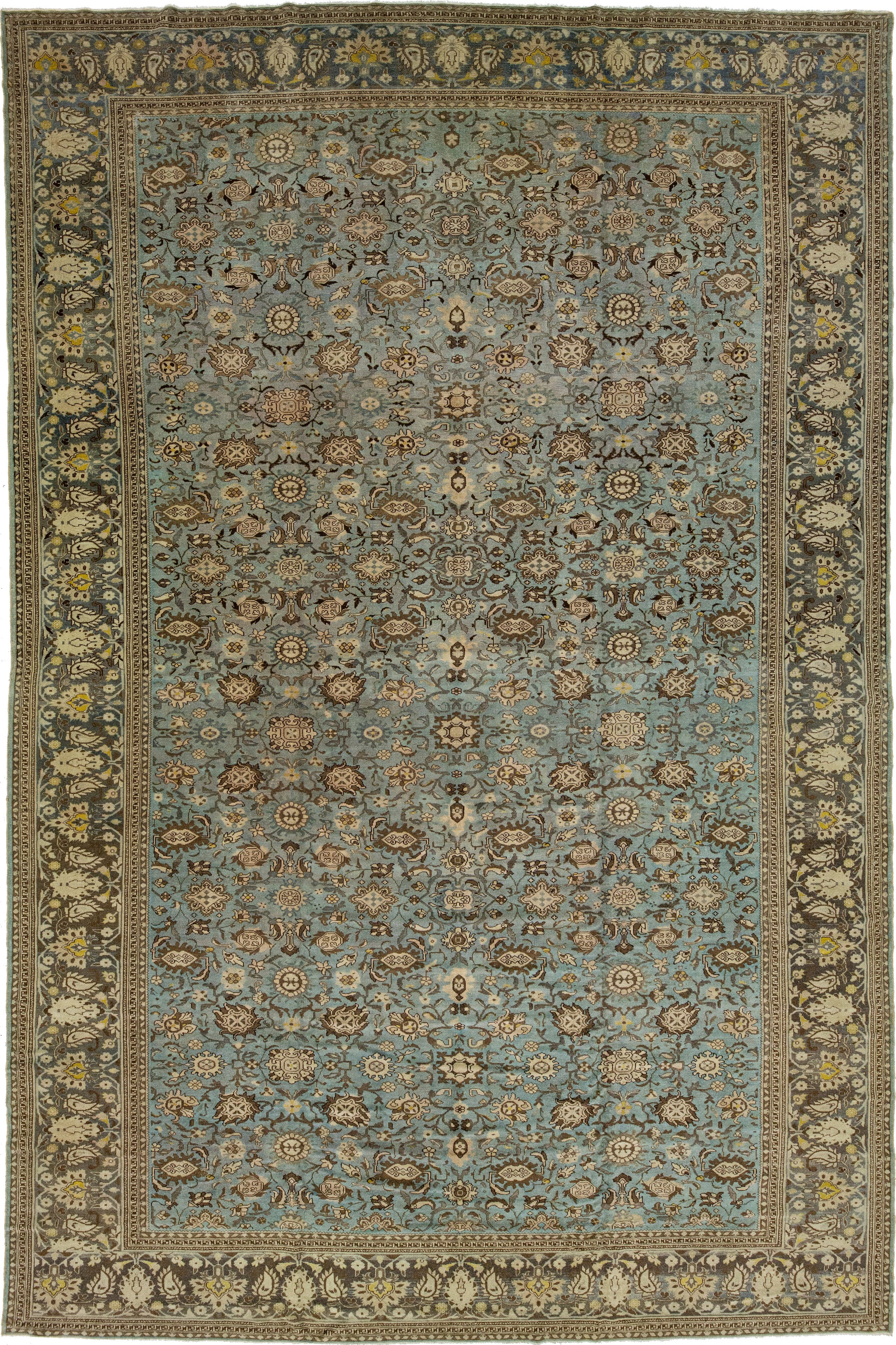 Blue Antique Malayer Handmade Persian Wool Rug with Allover Floral Motif