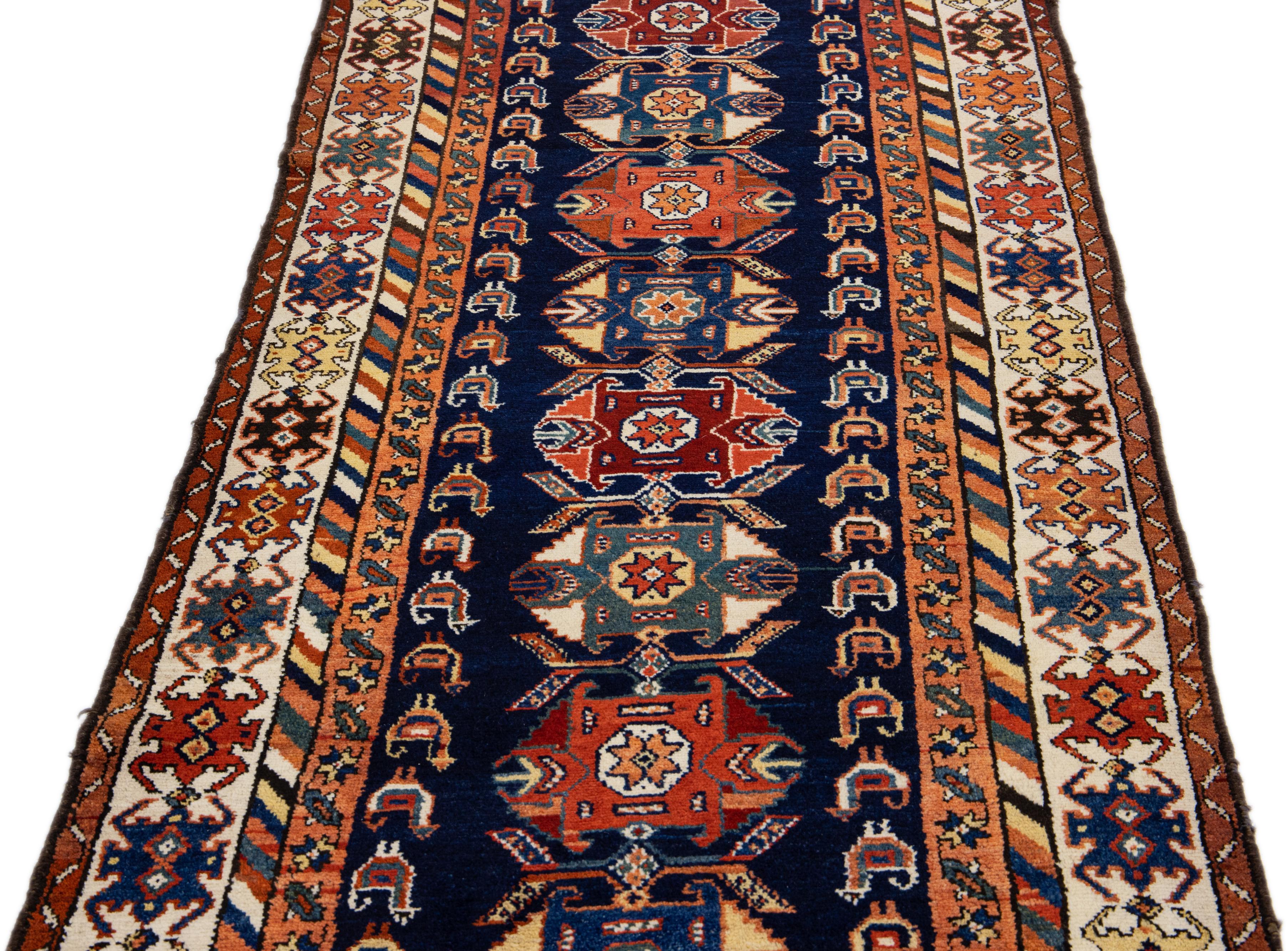 Islamic Blue Antique Malayer Handmade Tribal Design Wool Runner For Sale