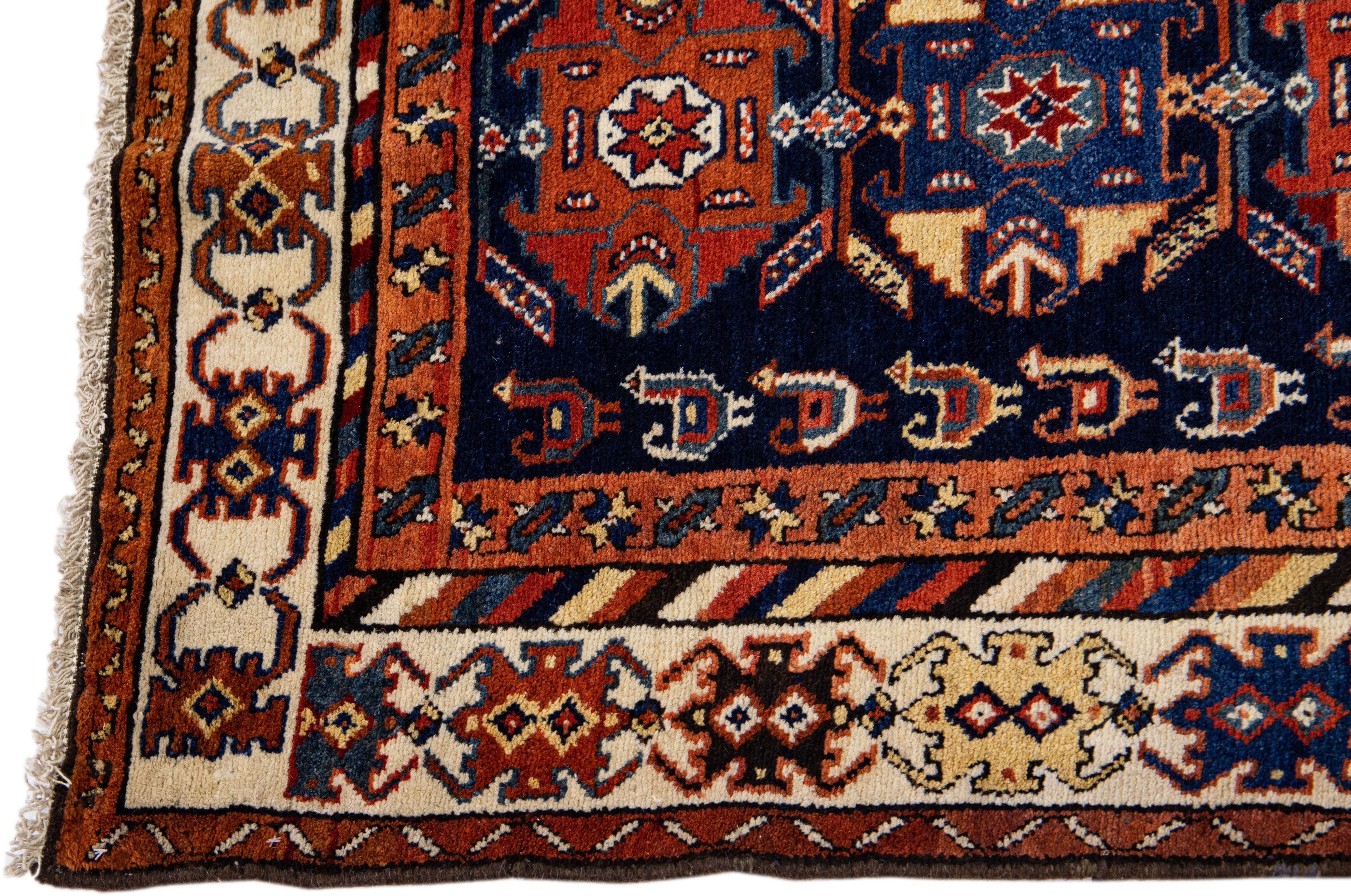 Persian Blue Antique Malayer Handmade Tribal Design Wool Runner For Sale