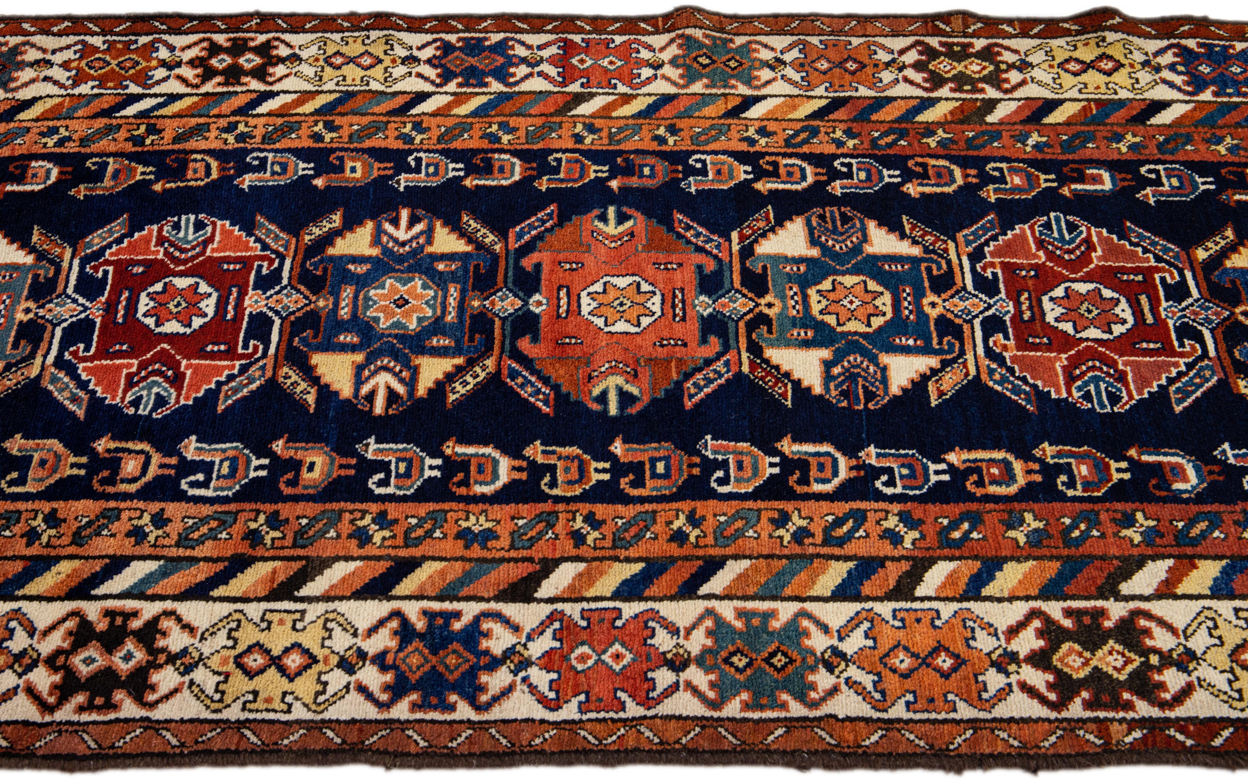 Hand-Knotted Blue Antique Malayer Handmade Tribal Design Wool Runner For Sale