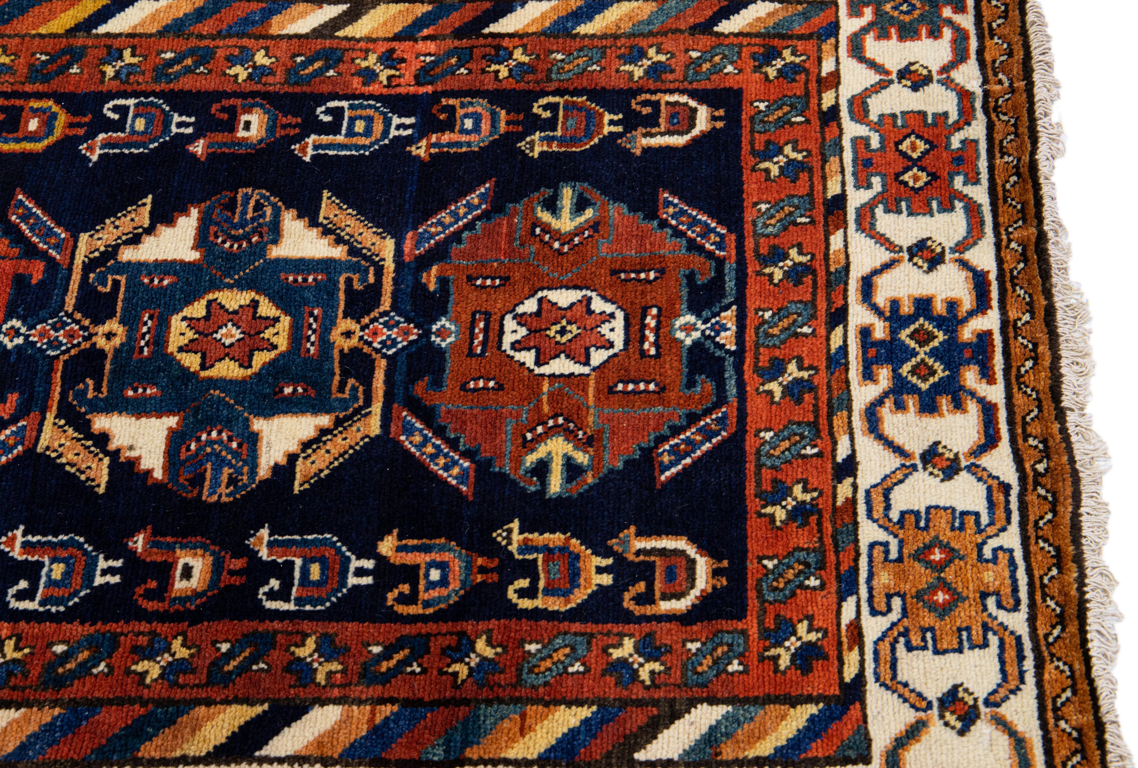 Blue Antique Malayer Handmade Tribal Design Wool Runner For Sale 1