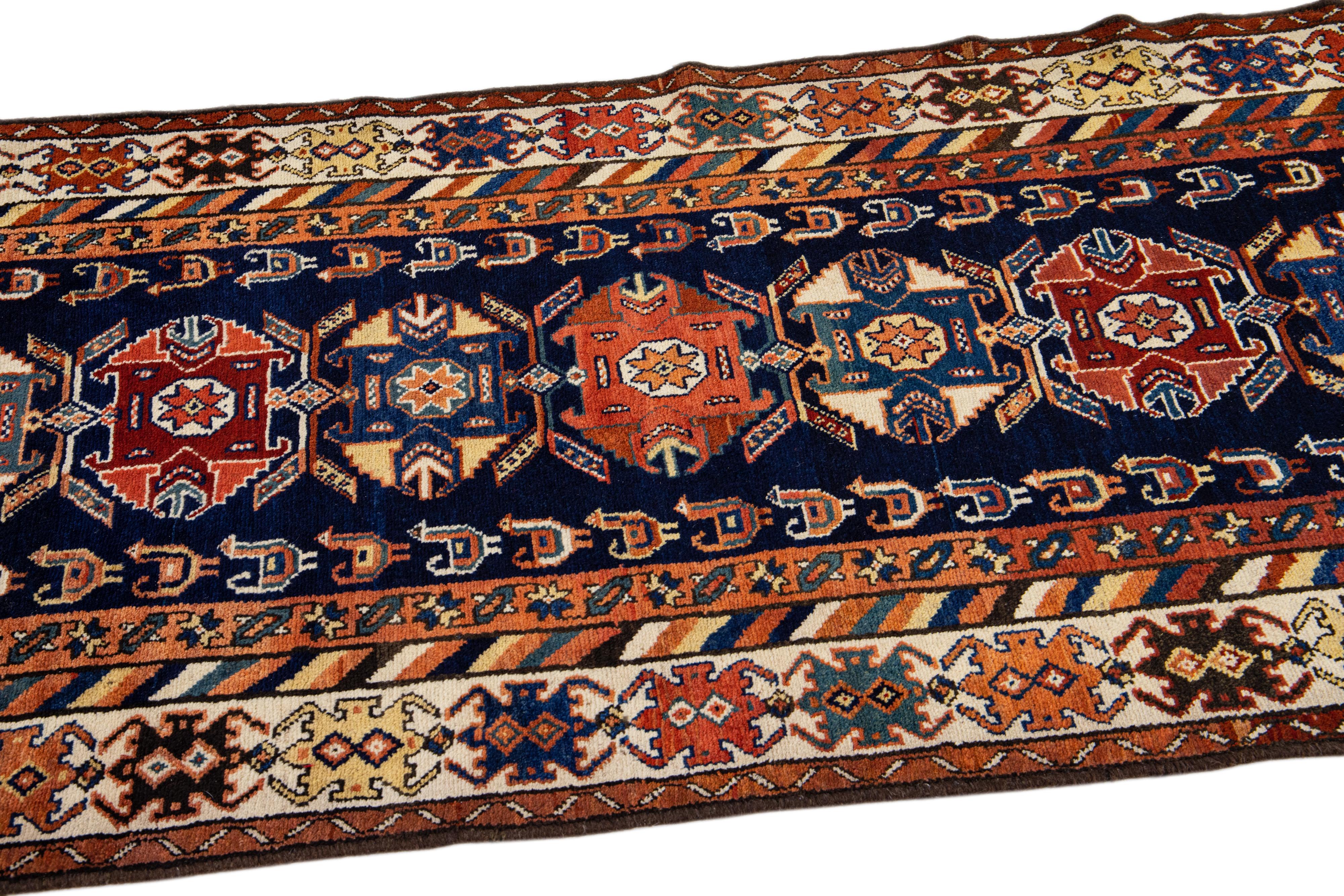 Blue Antique Malayer Handmade Tribal Design Wool Runner For Sale 2