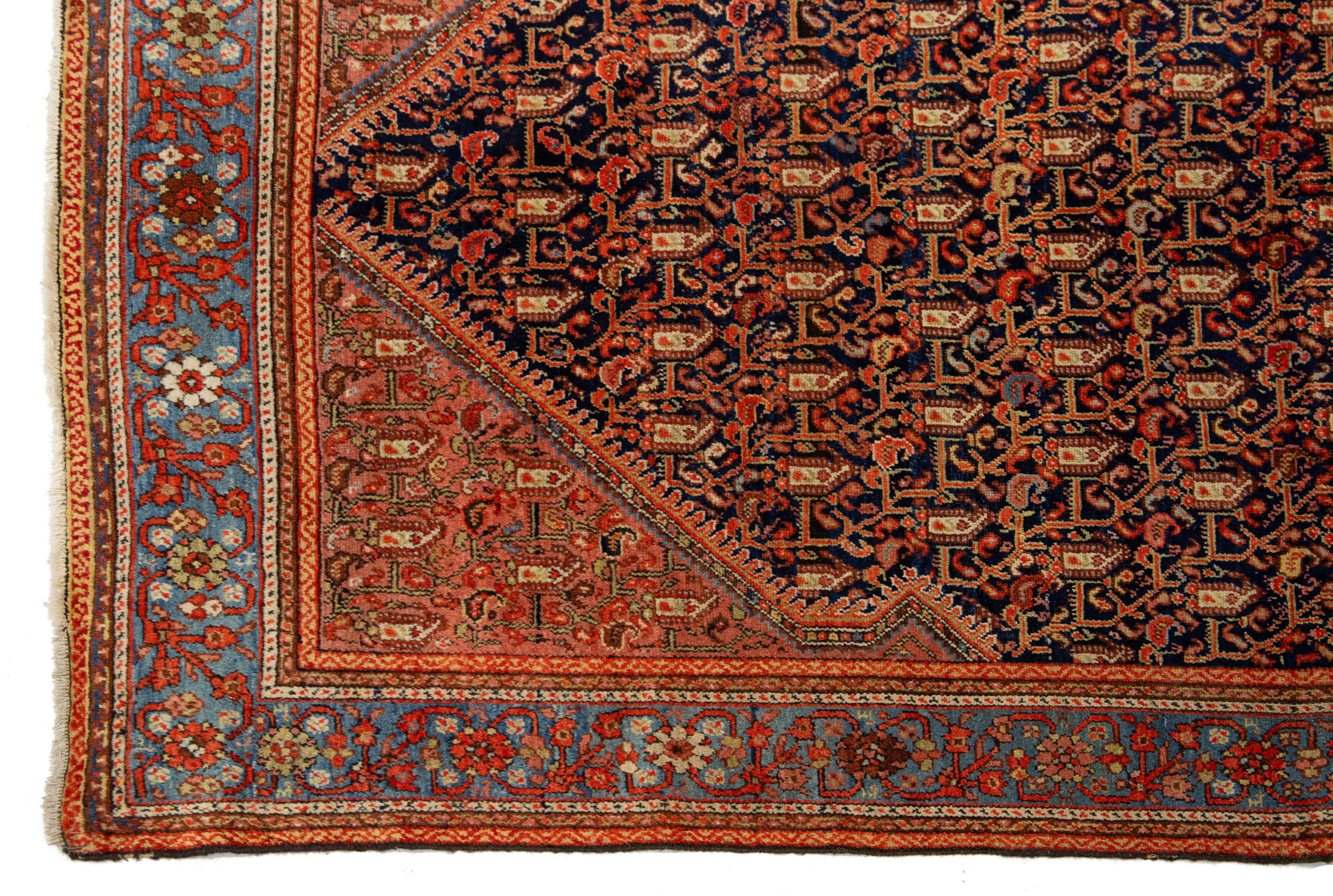 20ième siècle Tapis persan Malayer ancien en laine bleue avec motif rouille sur toute sa surface en vente
