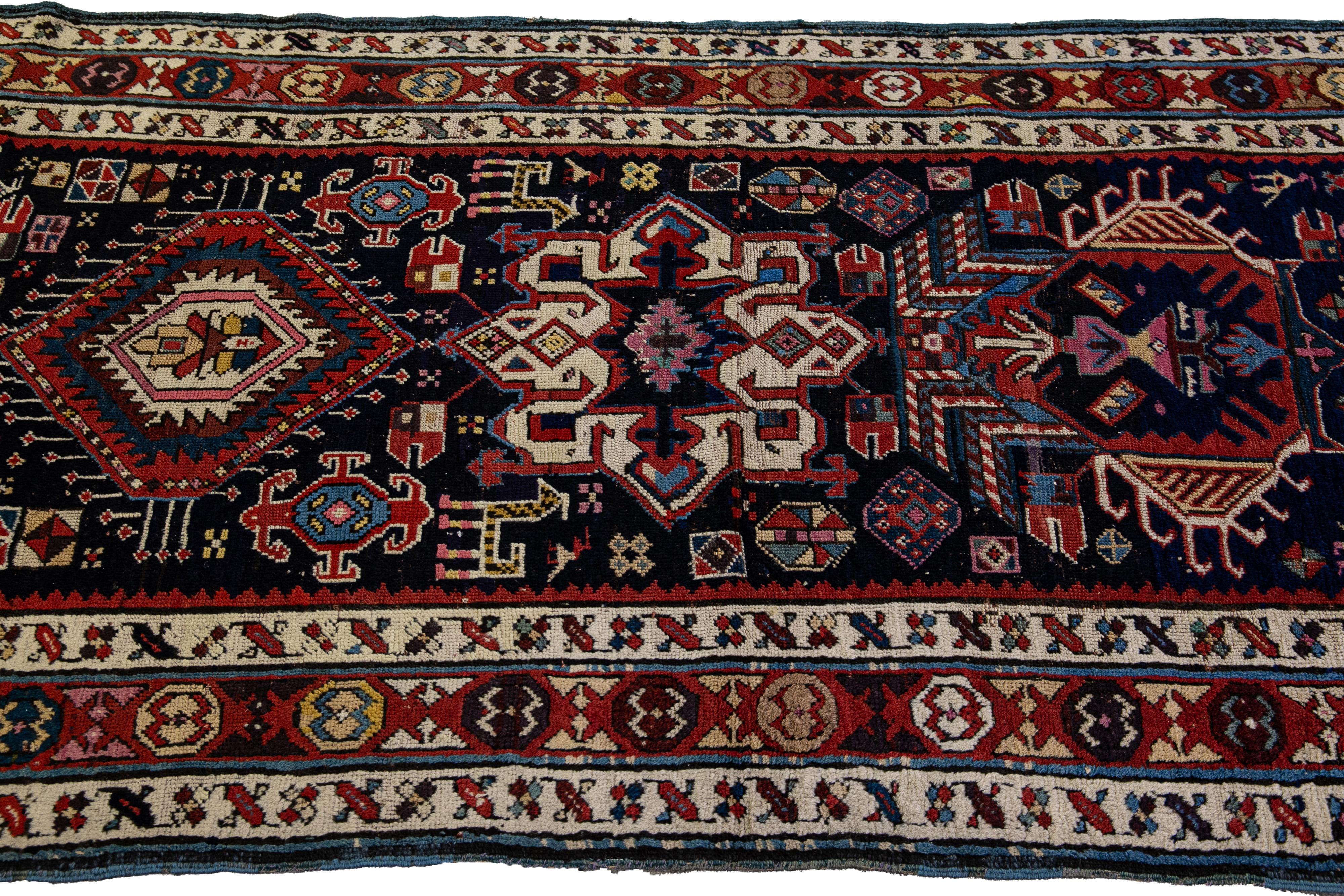 Blue Antique North West Persian Wool Runner With Tribal Motif In Good Condition For Sale In Norwalk, CT
