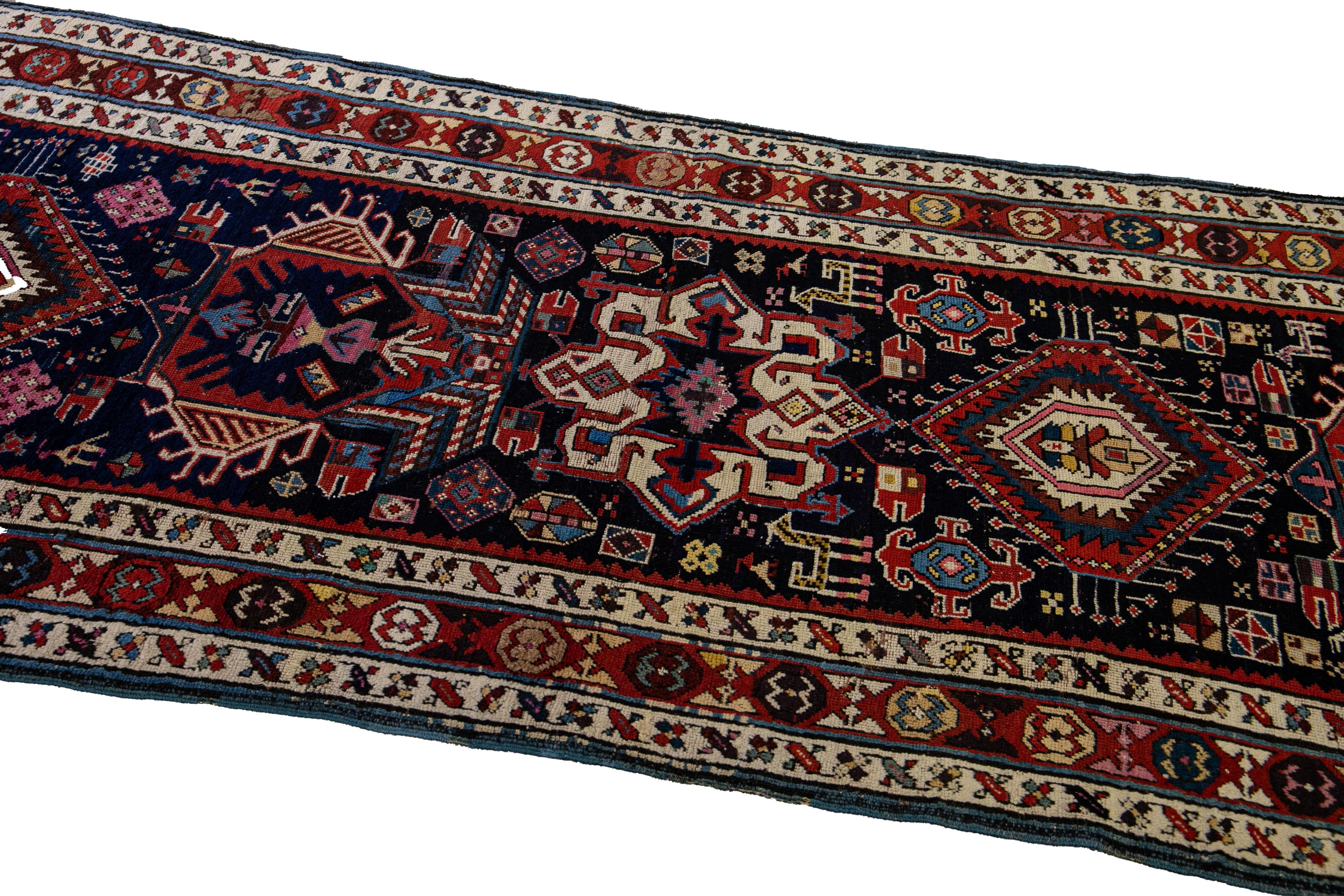 Blue Antique North West Persian Wool Runner With Tribal Motif For Sale 1