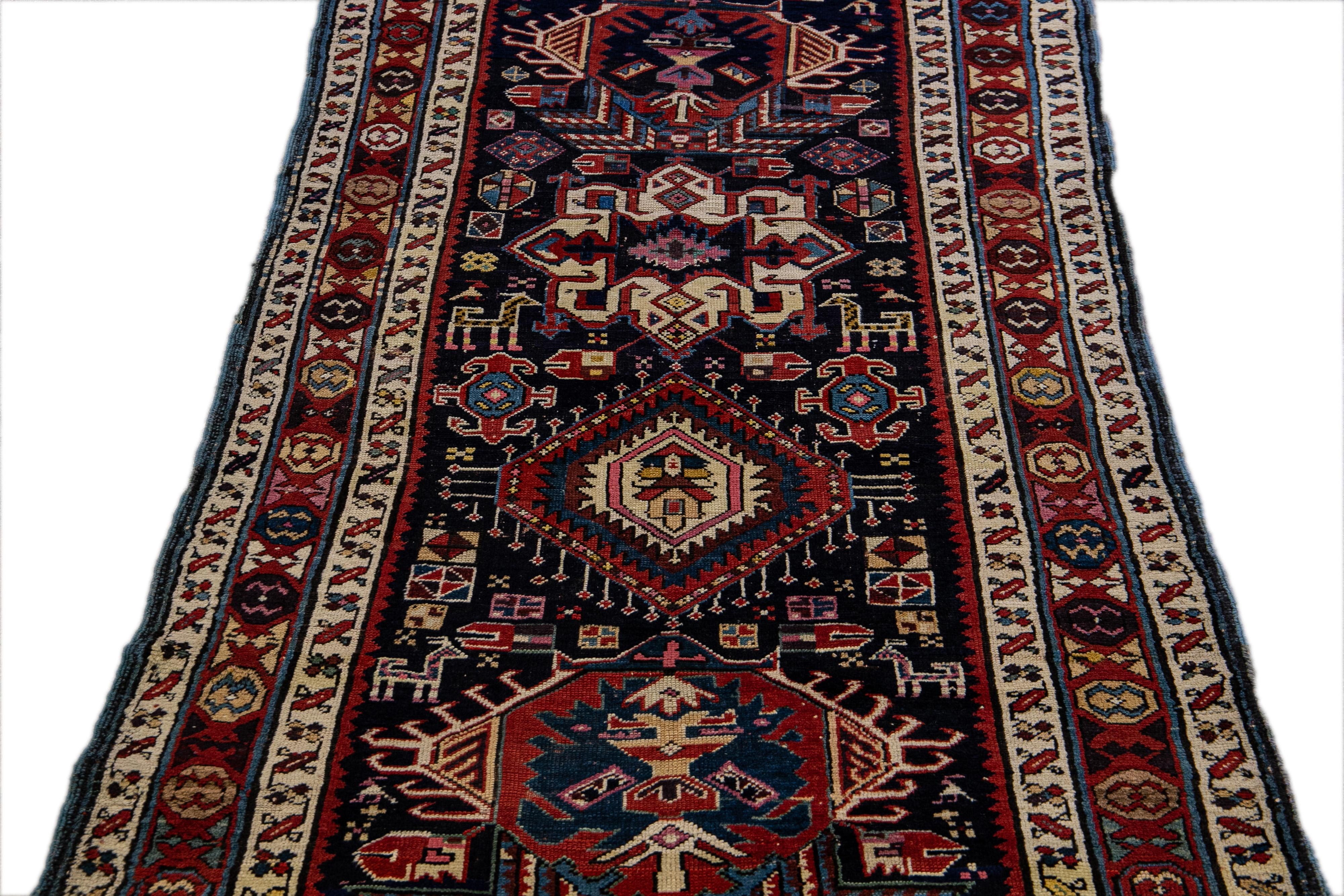 Blue Antique North West Persian Wool Runner With Tribal Motif For Sale 2