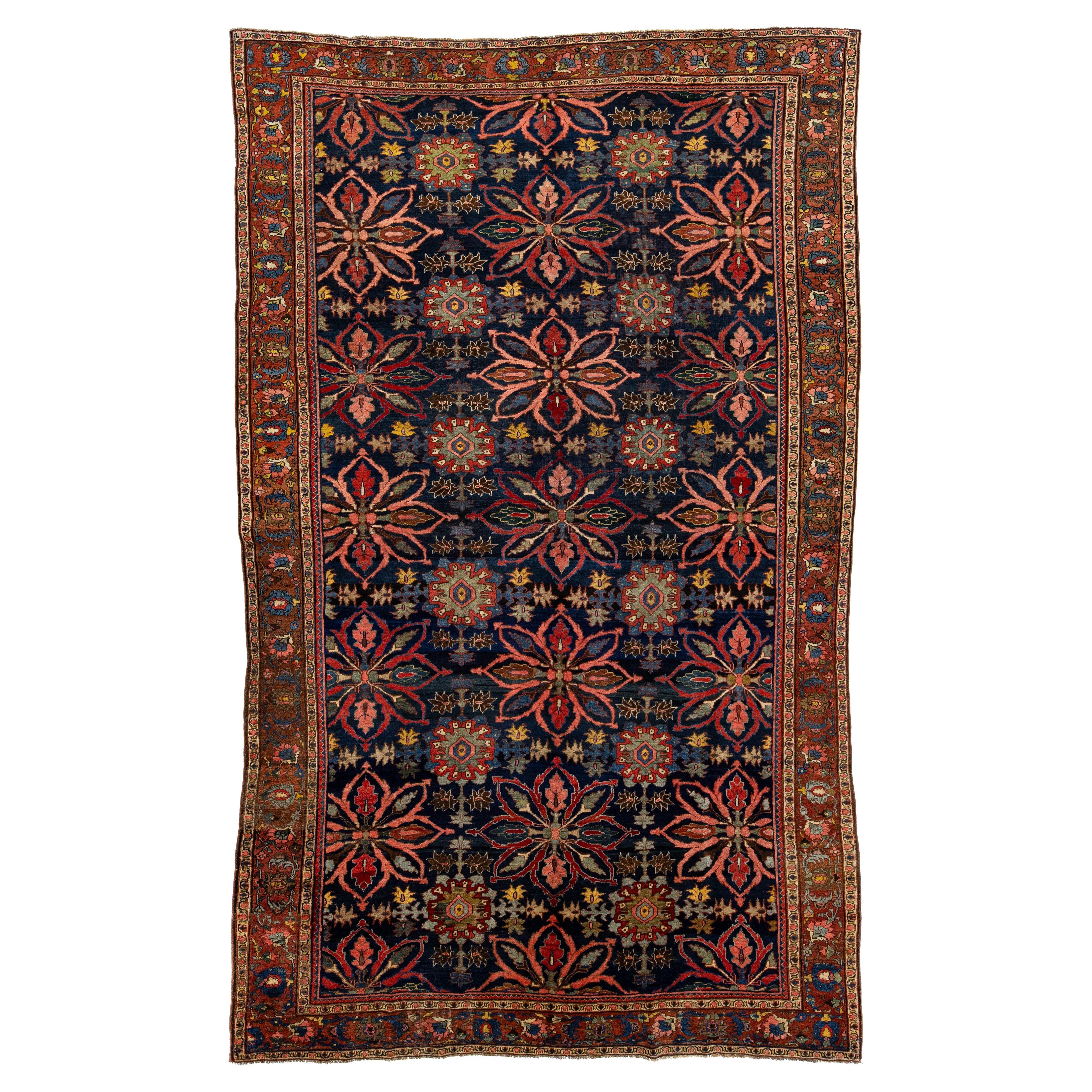 Blauer antiker persischer Bidjar Wollteppich - Großes florales Palmetten-Design