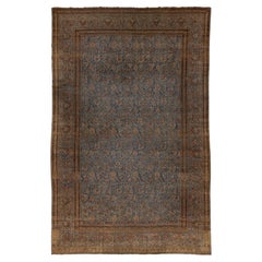 Blue Antique Persian Kashan Wool Rug Handmade with Floral Pattern