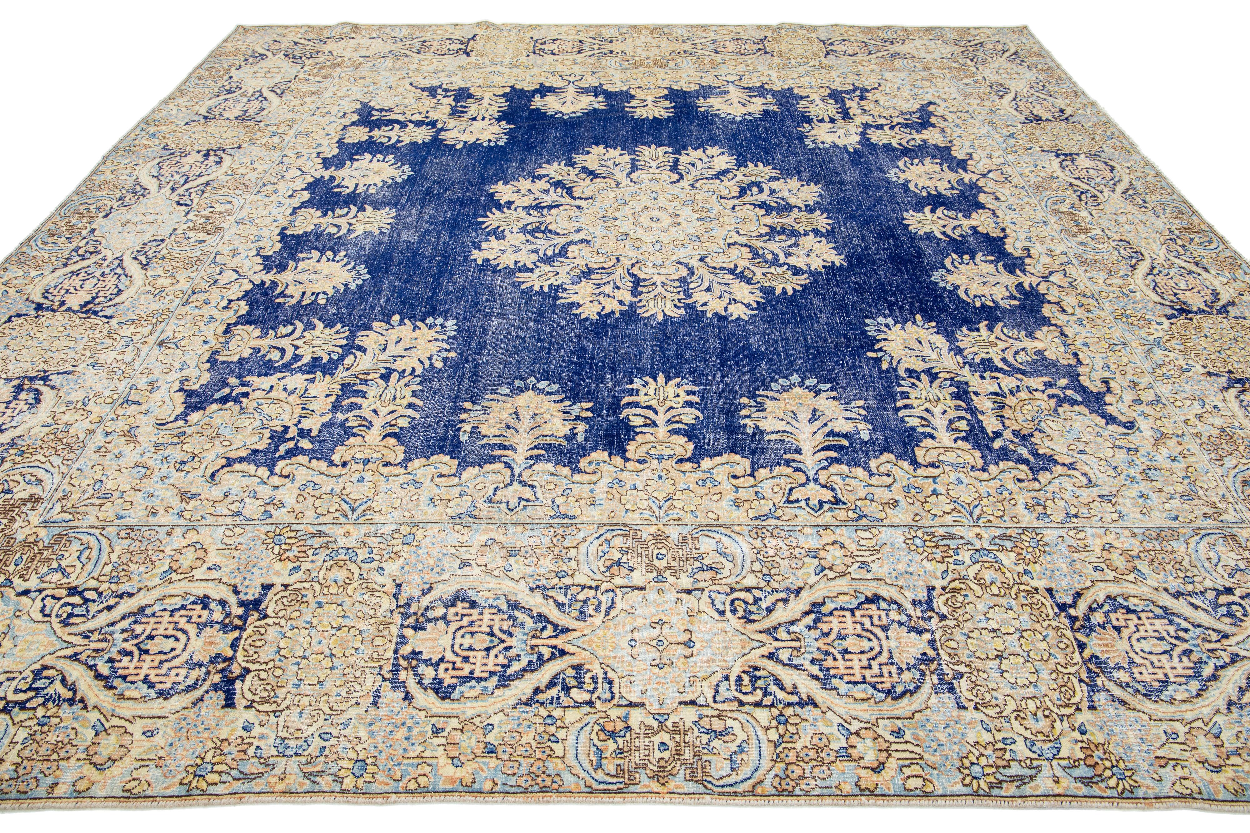 Blue Antique Persian Kerman Square  Wool Rug Handmade Featuring a Rosette Motif  For Sale 4